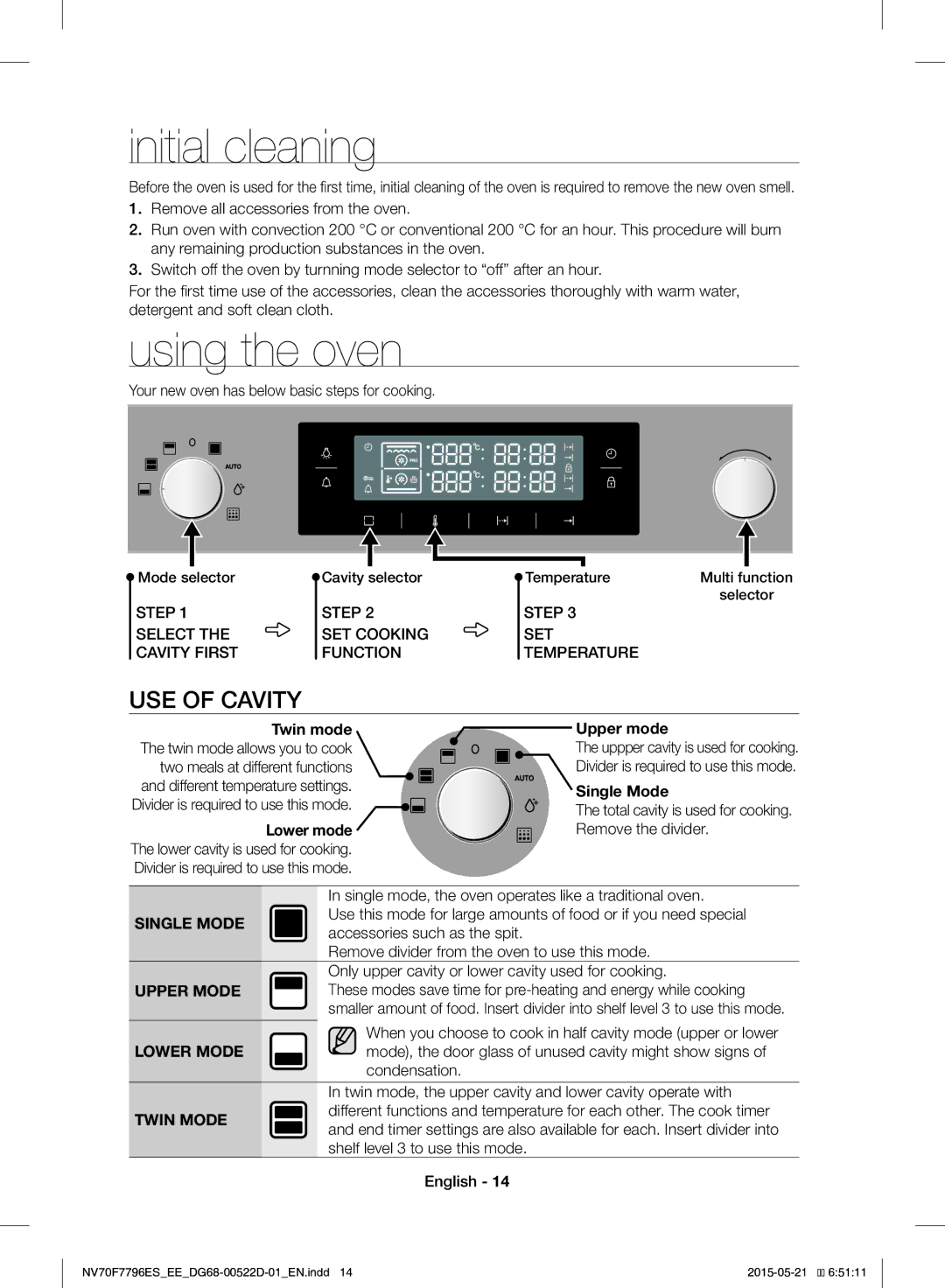 Samsung NV70F7796ES/EE manual Initial cleaning, Using the oven, USE of Cavity, Upper mode, Single Mode 