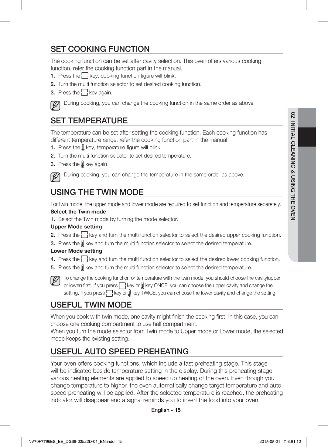 Samsung NV70F7796ES/EE manual SET Cooking Function, SET Temperature, Using the Twin Mode, Useful Twin Mode 