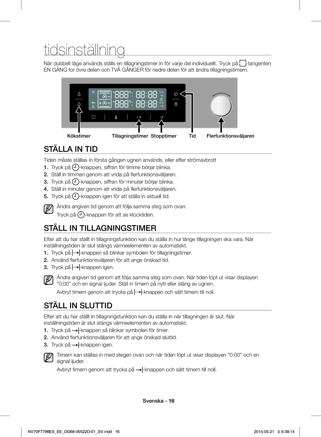 Samsung NV70F7796ES/EE manual Tidsinställning, Ställa in TID, Ställ in Tillagningstimer, Ställ in Sluttid 