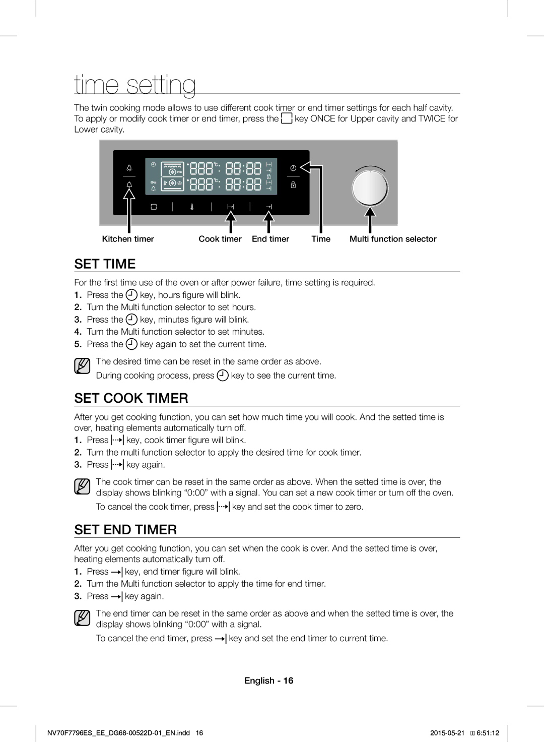 Samsung NV70F7796ES/EE Time setting, SET Time, SET Cook Timer, SET END Timer, Kitchen timer Cook timer End timer Time 