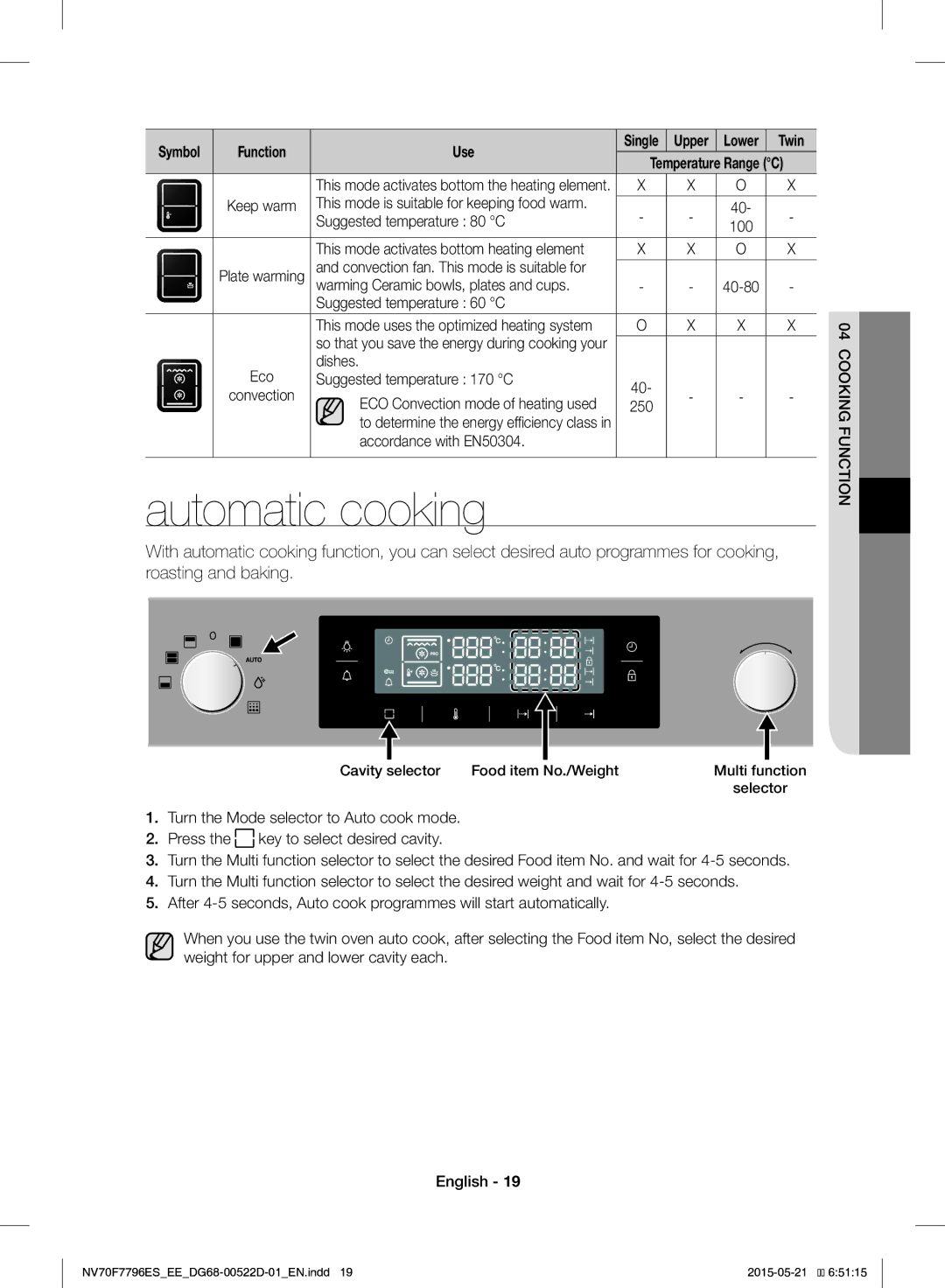 Samsung NV70F7796ES/EE manual Automatic cooking 