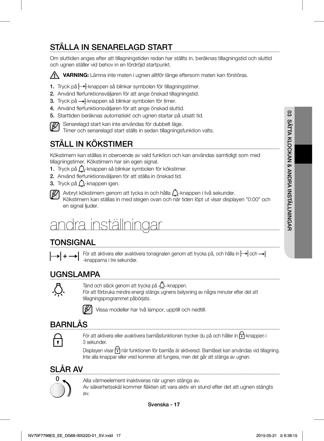 Samsung NV70F7796ES/EE manual Andra inställningar 