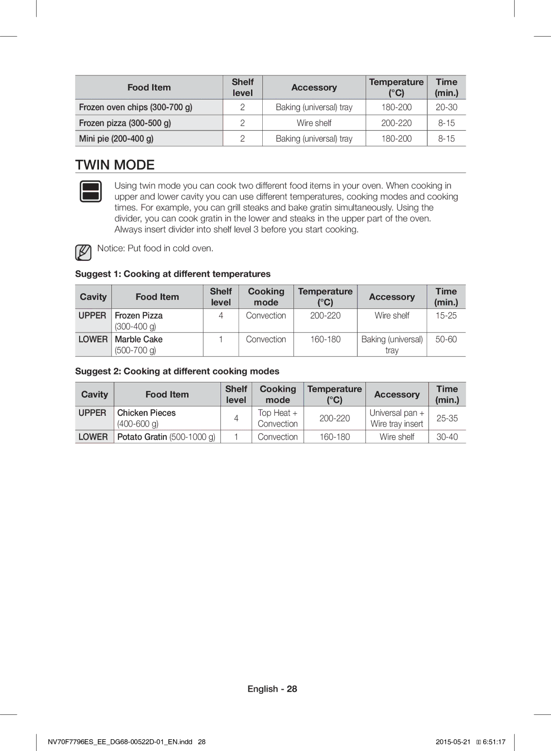 Samsung NV70F7796ES/EE manual Twin Mode, Accessory Time, Upper, Suggest 2 Cooking at different cooking modes 