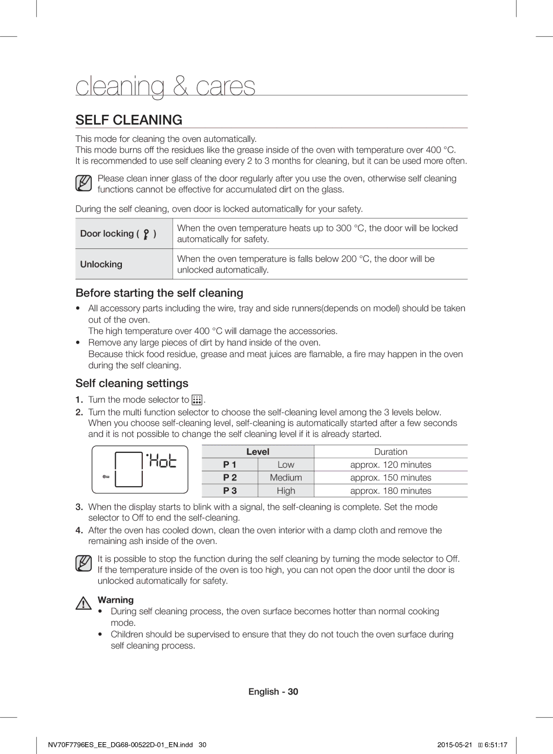 Samsung NV70F7796ES/EE manual Cleaning & cares, Self Cleaning, Before starting the self cleaning, Self cleaning settings 