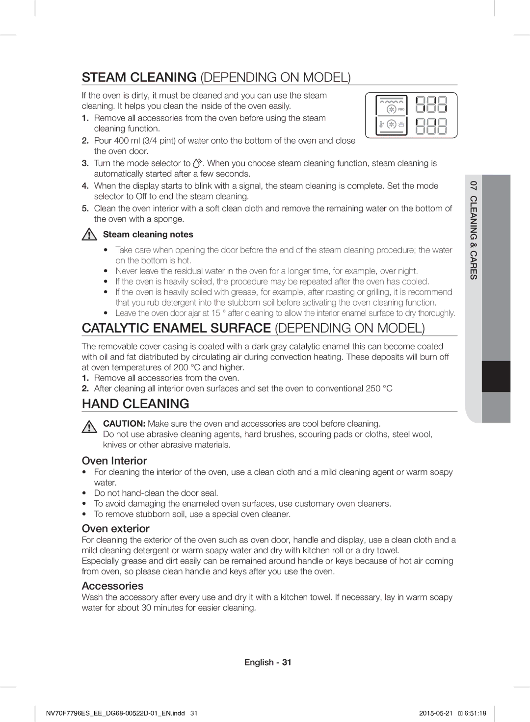 Samsung NV70F7796ES/EE manual Steam Cleaning Depending on Model, Catalytic Enamel Surface Depending on Model, Hand Cleaning 