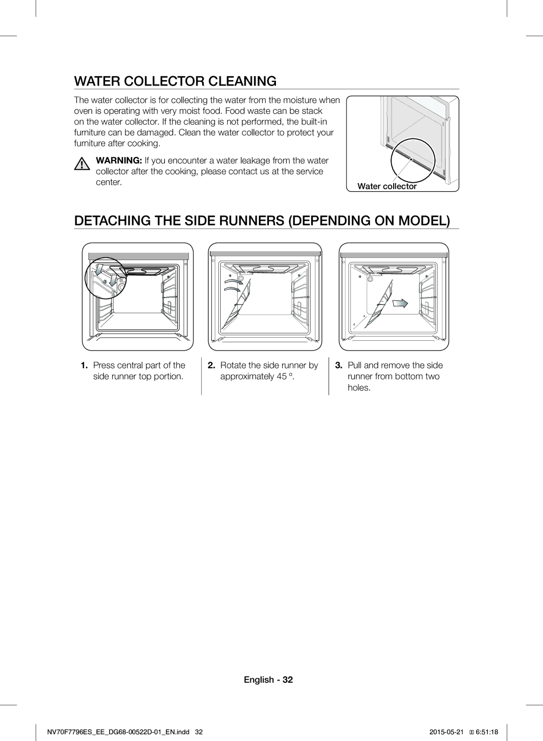 Samsung NV70F7796ES/EE manual Water Collector Cleaning, Detaching the Side Runners Depending on Model, Water collector 