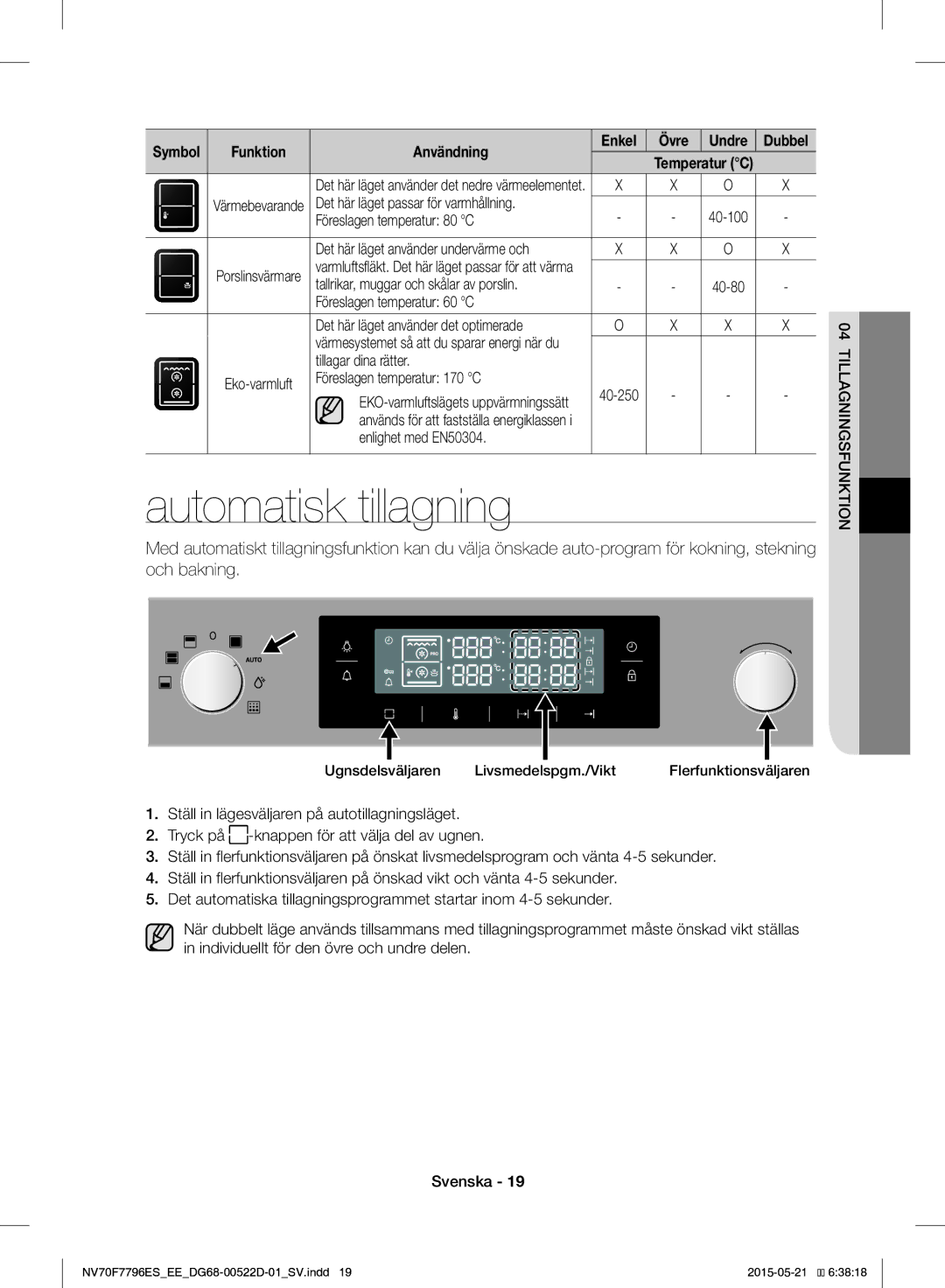 Samsung NV70F7796ES/EE manual Automatisk tillagning 