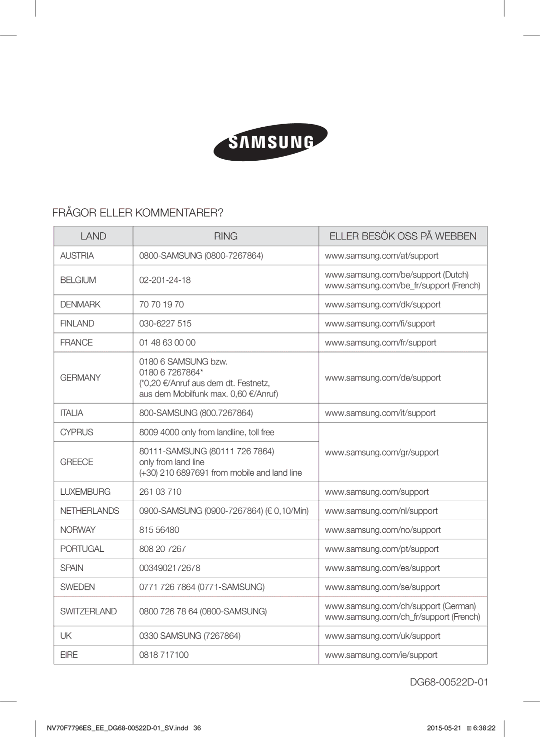 Samsung NV70F7796ES/EE Austria, Belgium, Denmark, Finland, France, Germany, Italia, Cyprus, Greece, Luxemburg, Netherlands 