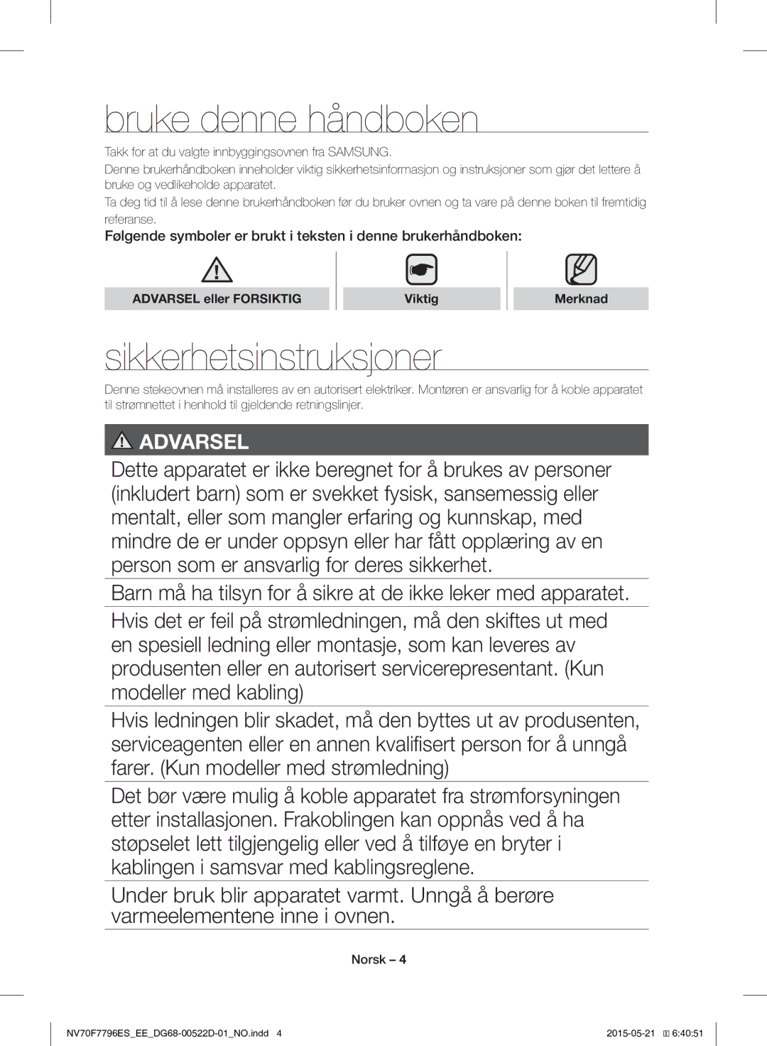 Samsung NV70F7796ES/EE manual Bruke denne håndboken, Sikkerhetsinstruksjoner, Viktig Merknad 