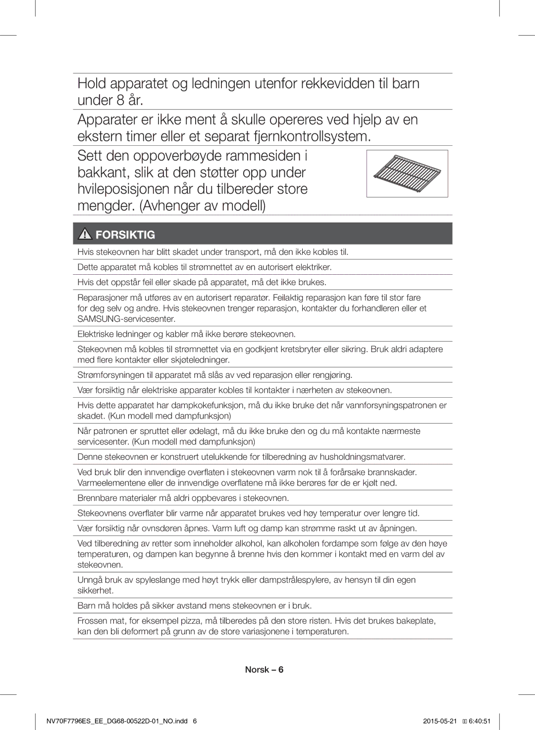 Samsung NV70F7796ES/EE manual Forsiktig 