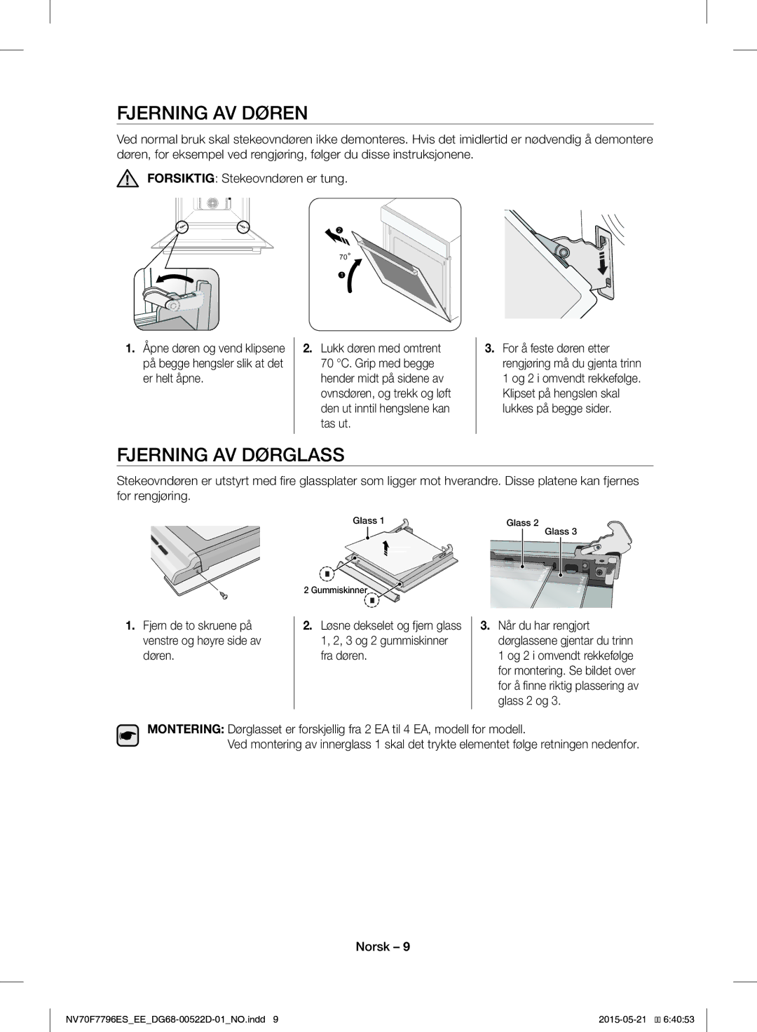 Samsung NV70F7796ES/EE manual Fjerning AV Døren, Fjerning AV Dørglass 