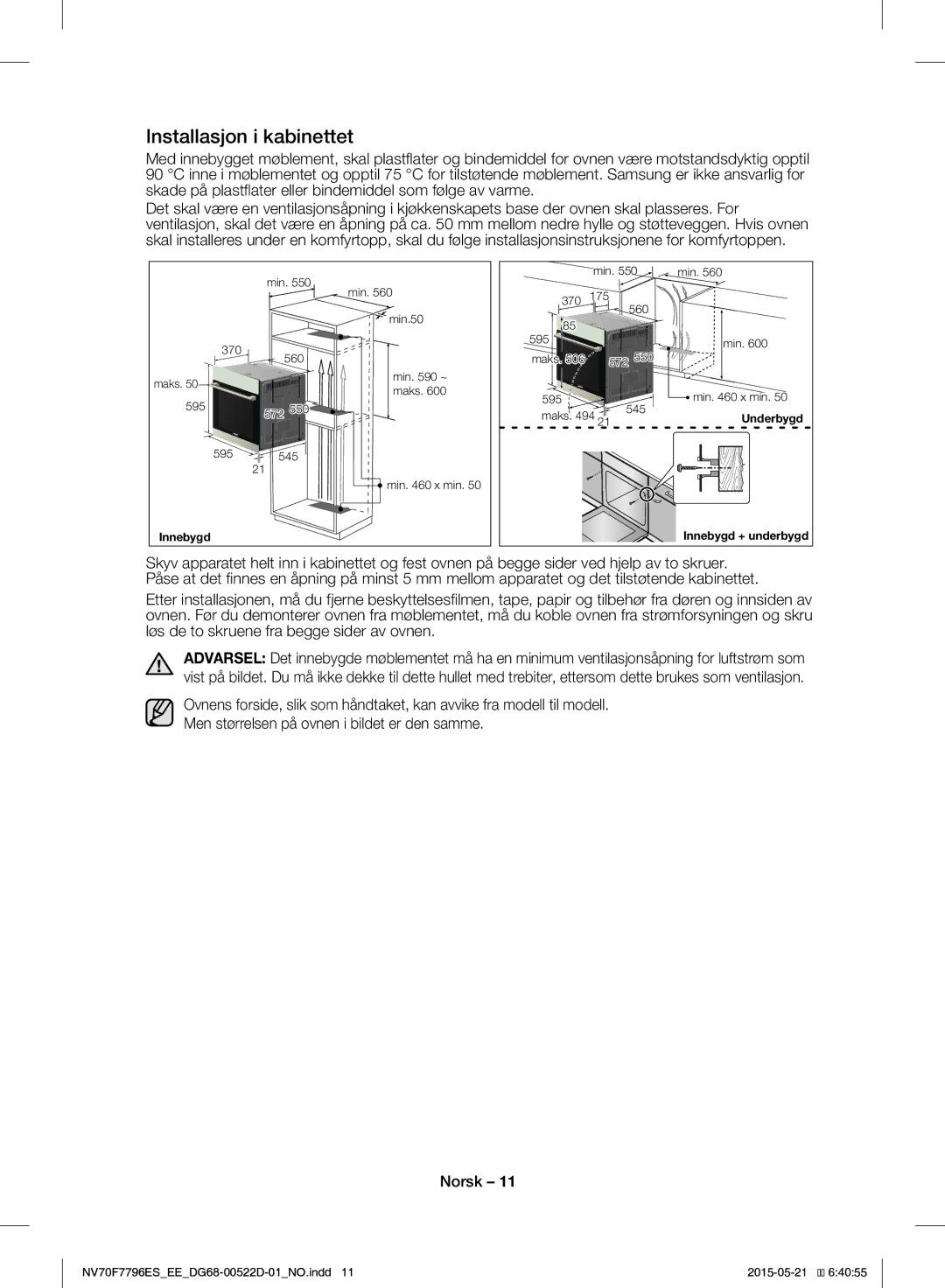 Samsung NV70F7796ES/EE manual Installasjon i kabinettet 