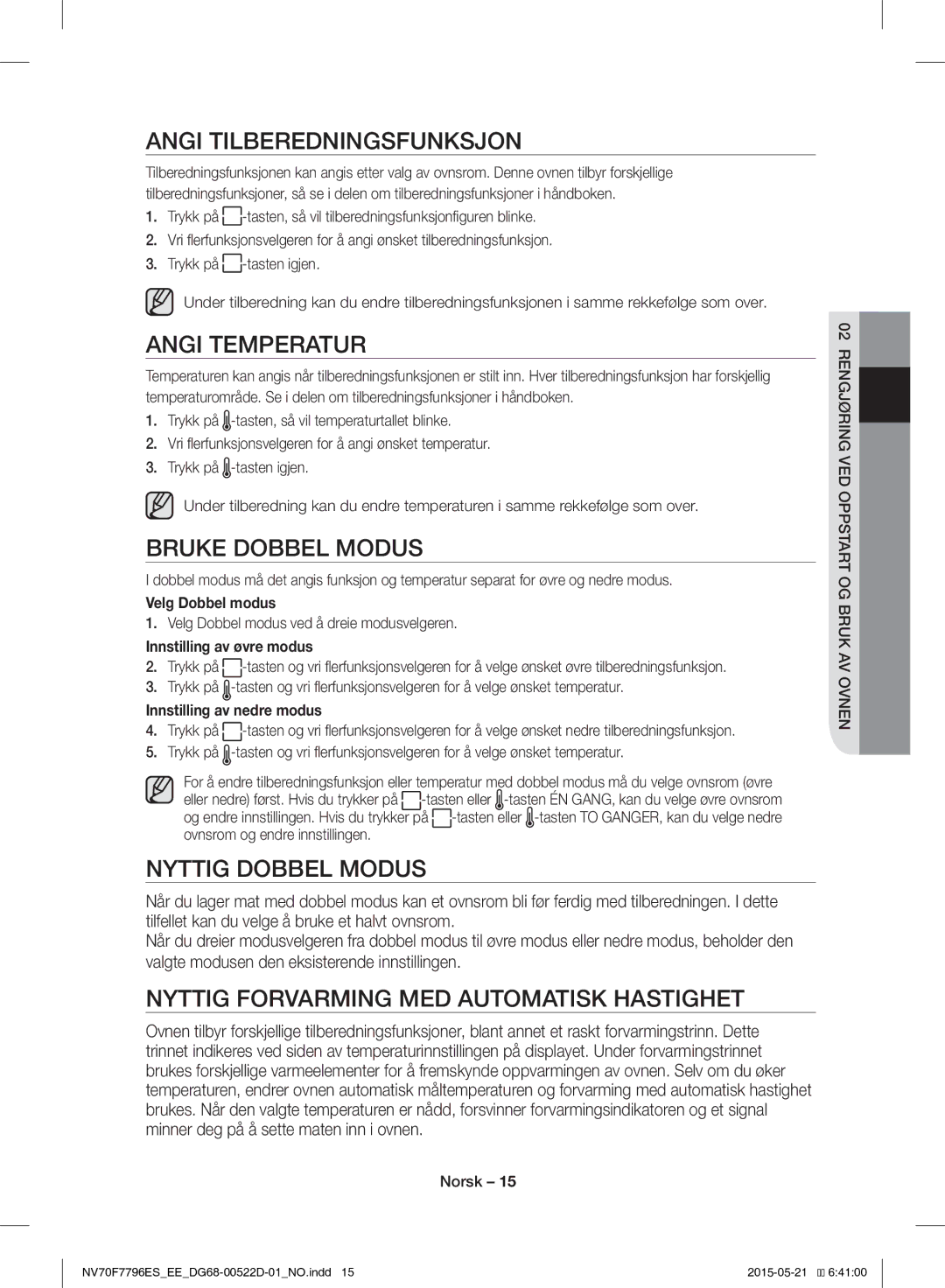 Samsung NV70F7796ES/EE manual Angi Tilberedningsfunksjon, Angi Temperatur, Bruke Dobbel Modus, Nyttig Dobbel Modus 