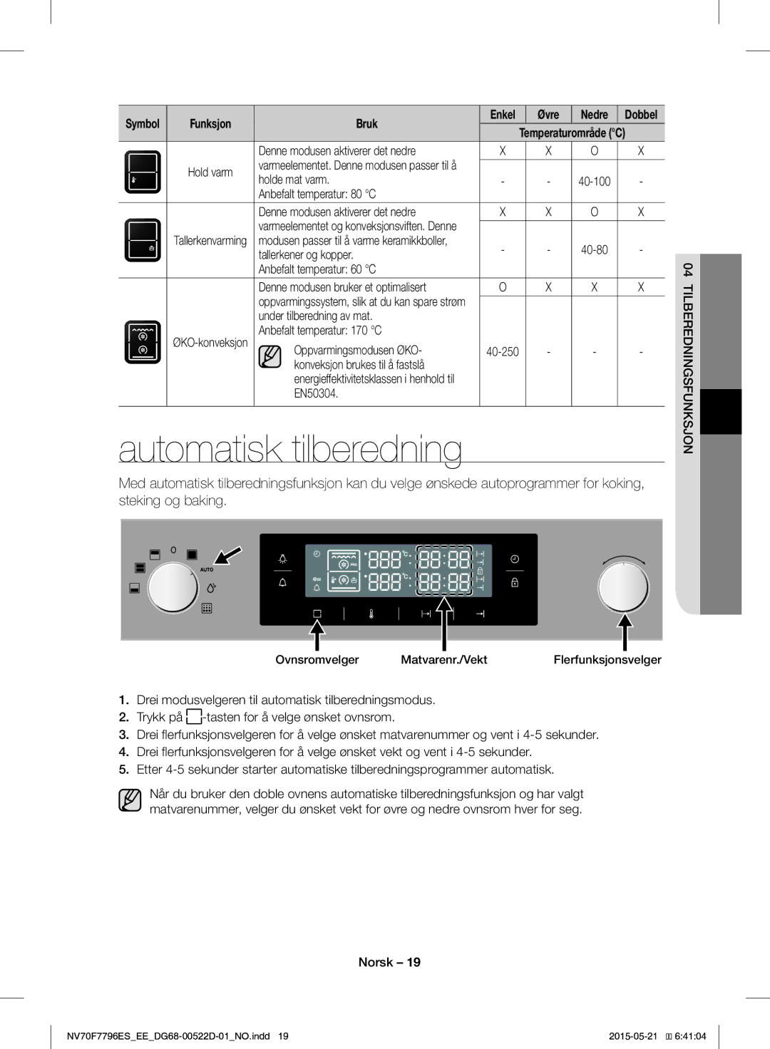 Samsung NV70F7796ES/EE manual Automatisk tilberedning 