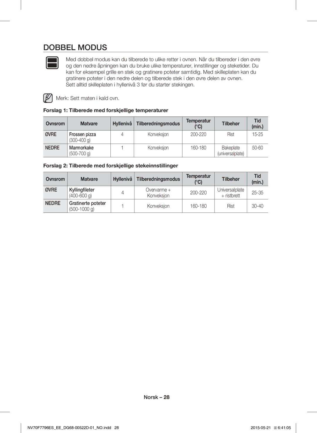 Samsung NV70F7796ES/EE manual Dobbel Modus, Forslag 1 Tilberede med forskjellige temperaturer, Tilbehør Tid, Øvre 