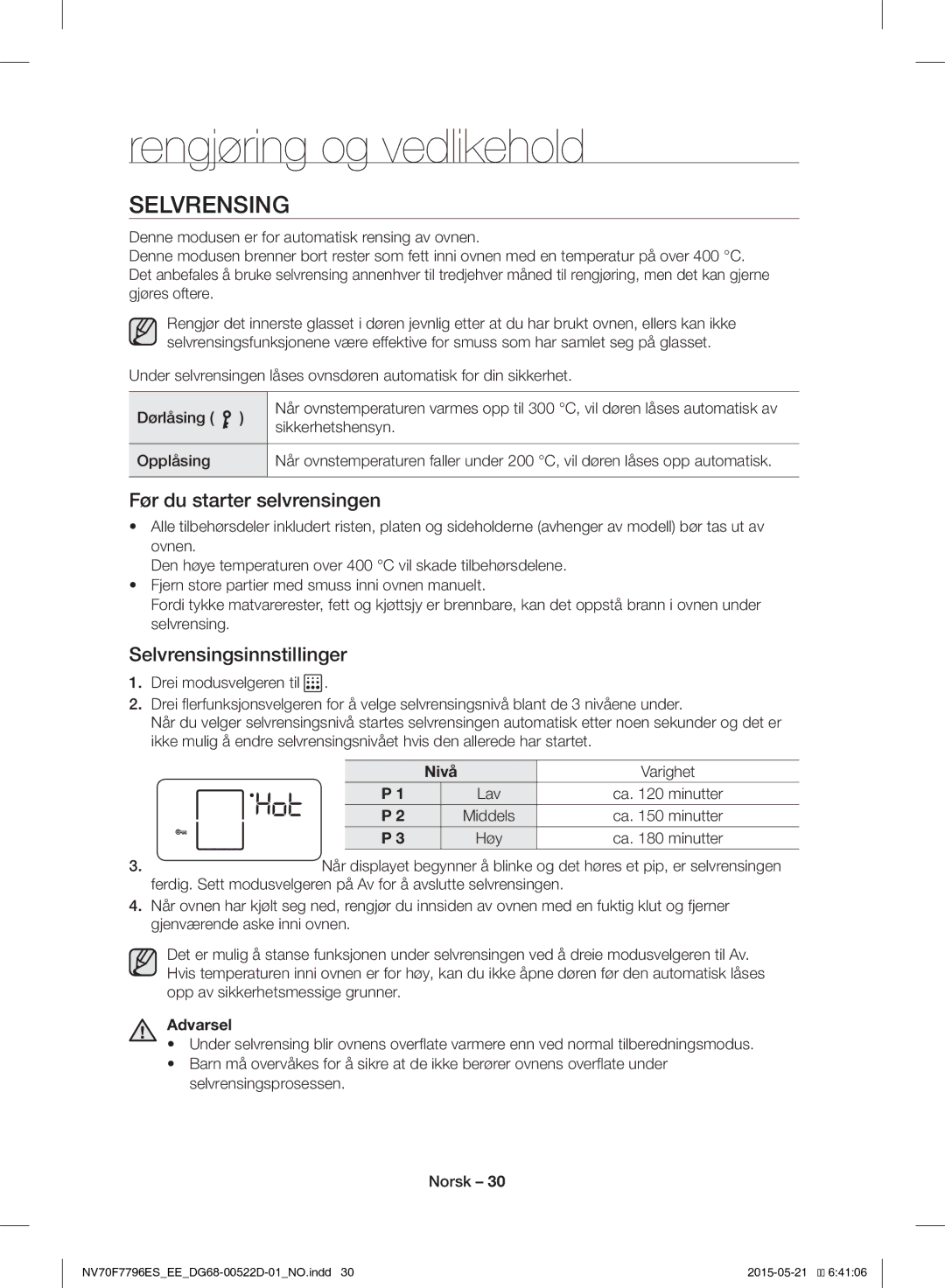 Samsung NV70F7796ES/EE manual Rengjøring og vedlikehold, Før du starter selvrensingen, Selvrensingsinnstillinger 