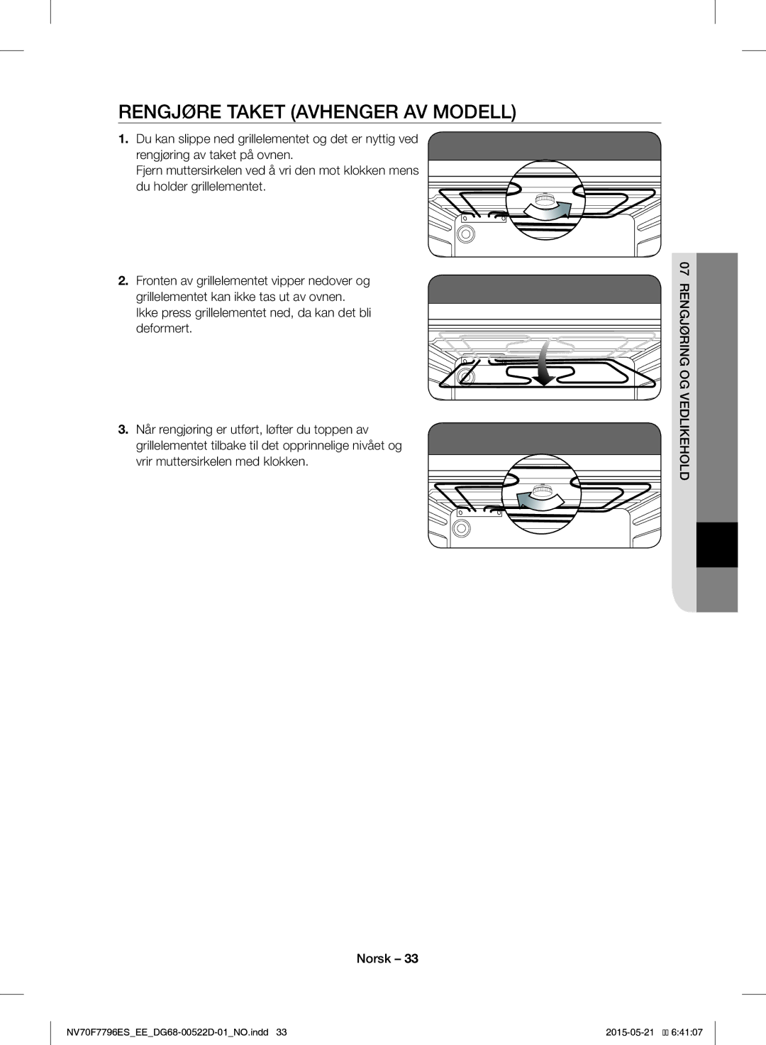 Samsung NV70F7796ES/EE manual Rengjøre Taket Avhenger AV Modell 