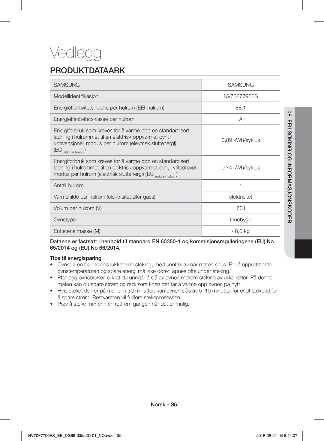 Samsung NV70F7796ES/EE manual Vedlegg, Produktdataark, Feilsøking OG Informasjonskoder 