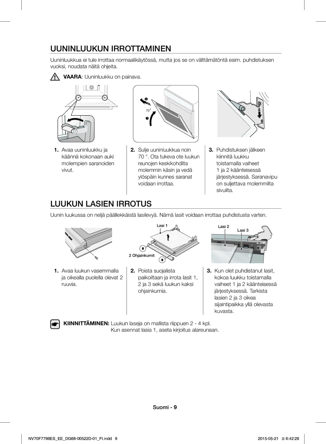 Samsung NV70F7796ES/EE manual Uuninluukun Irrottaminen, Luukun Lasien Irrotus 