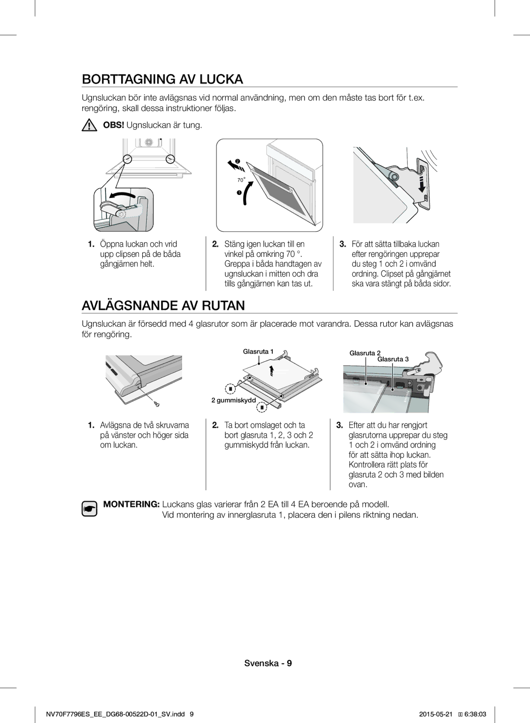 Samsung NV70F7796ES/EE manual Borttagning AV Lucka, Avlägsnande AV Rutan 