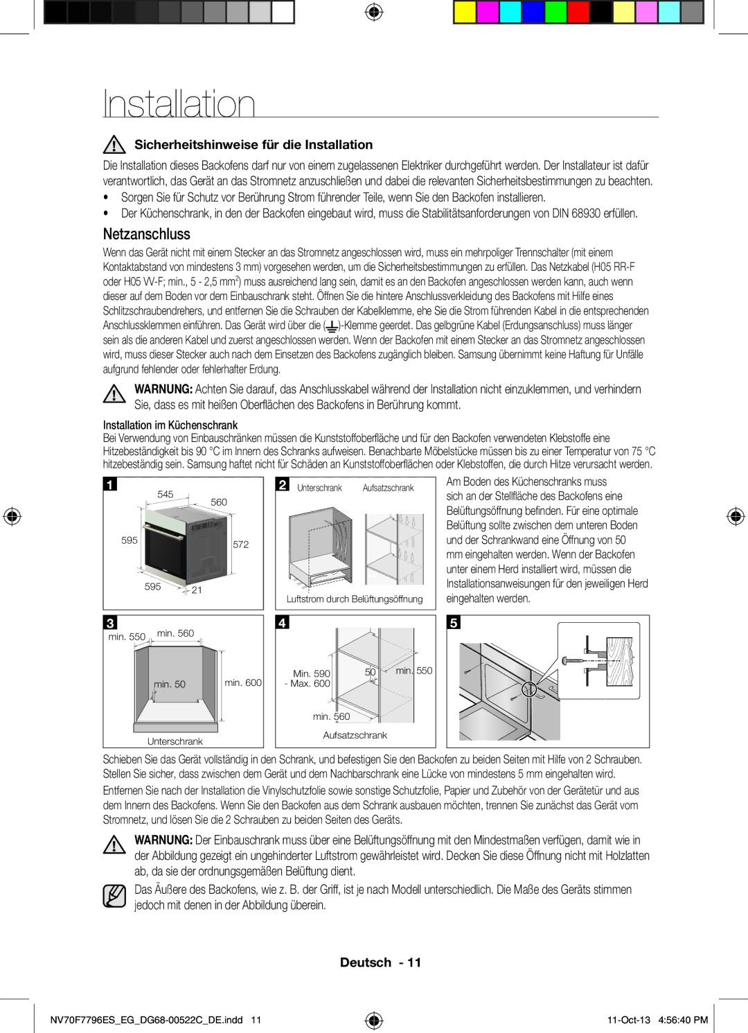 Samsung NV70F7796ES/EG manual Sicherheitshinweise für die Installation, Installation im Küchenschrank 