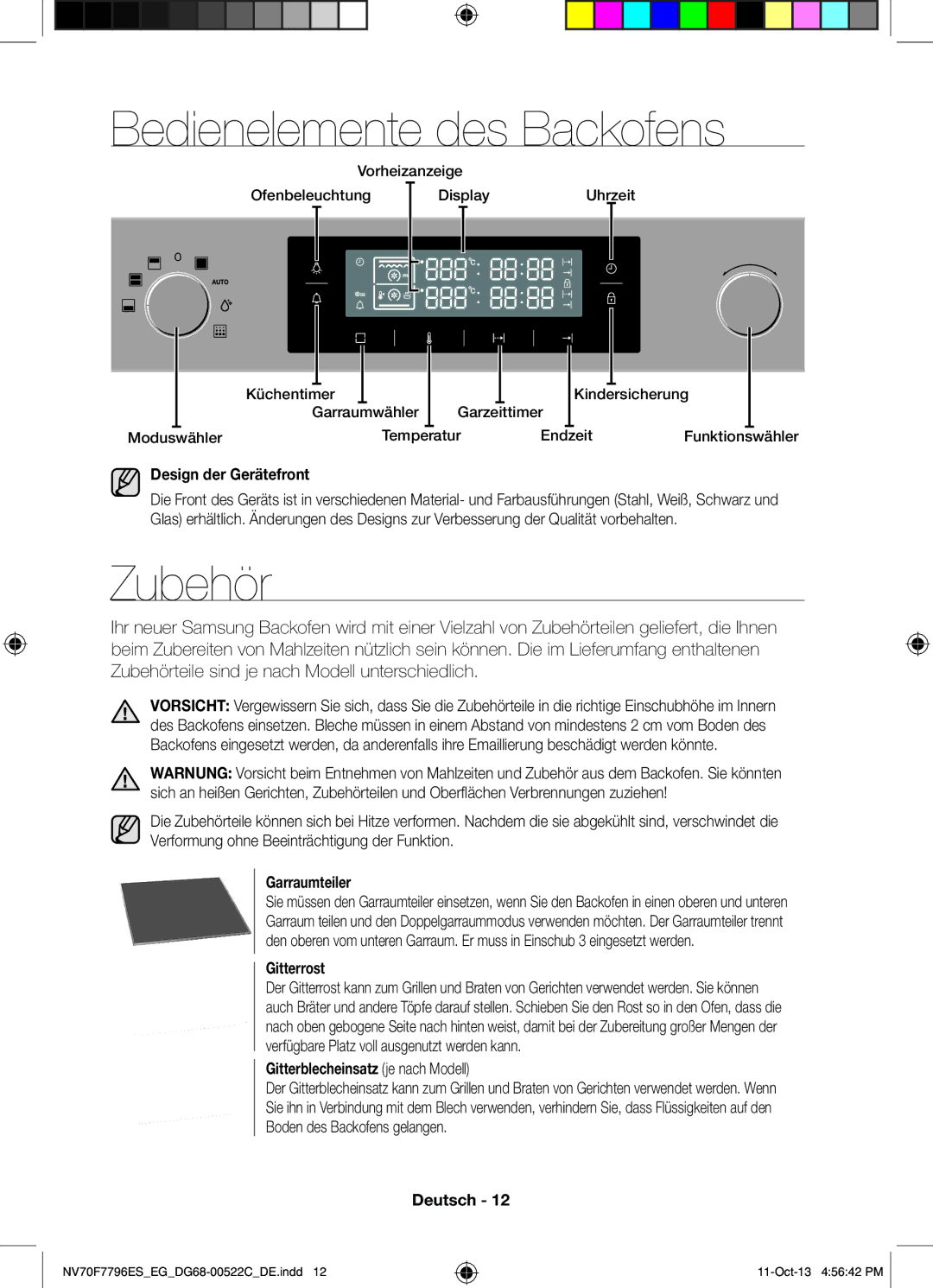 Samsung NV70F7796ES/EG manual Bedienelemente des Backofens, Zubehör 