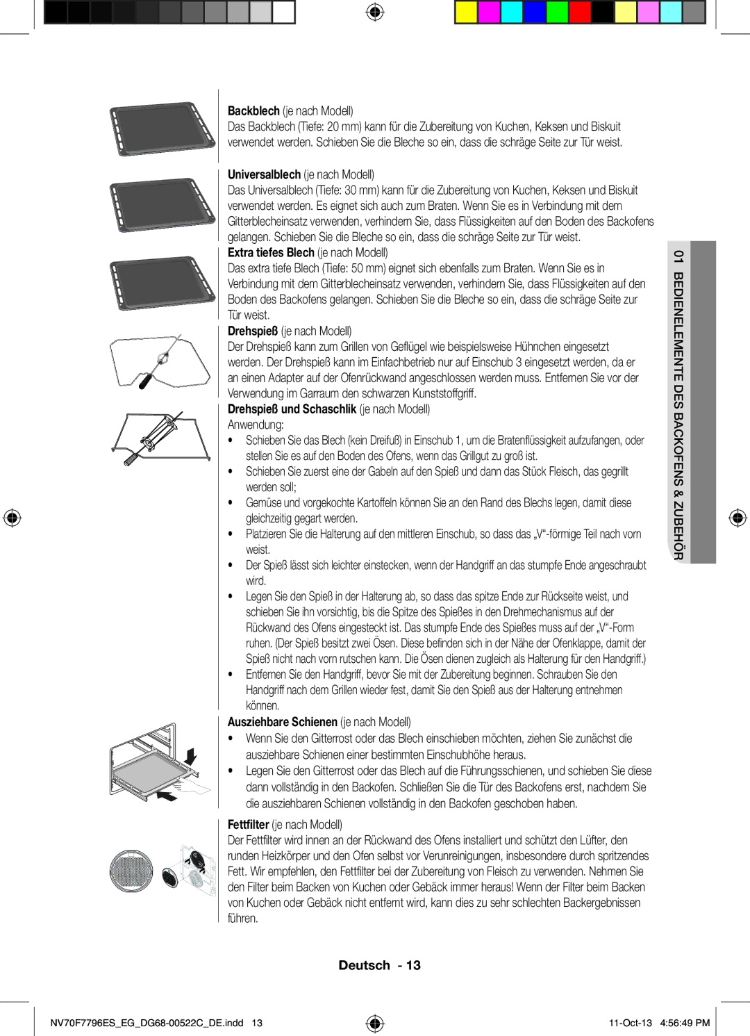 Samsung NV70F7796ES/EG manual Extra tiefes Blech je nach Modell, Drehspieß und Schaschlik je nach Modell Anwendung 