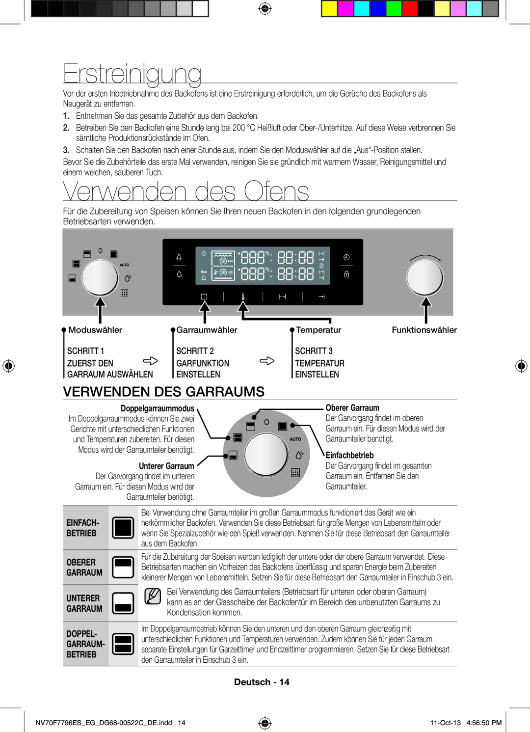 Samsung NV70F7796ES/EG manual Erstreinigung, Verwenden des Ofens, Verwenden DES Garraums 