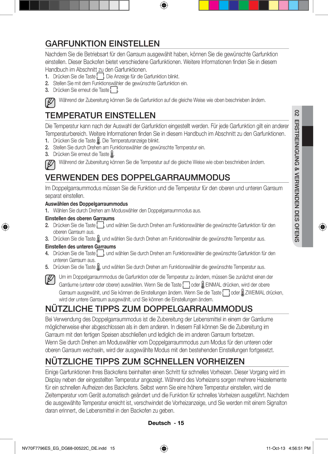 Samsung NV70F7796ES/EG manual Garfunktion Einstellen, Temperatur Einstellen, Verwenden DES Doppelgarraummodus 