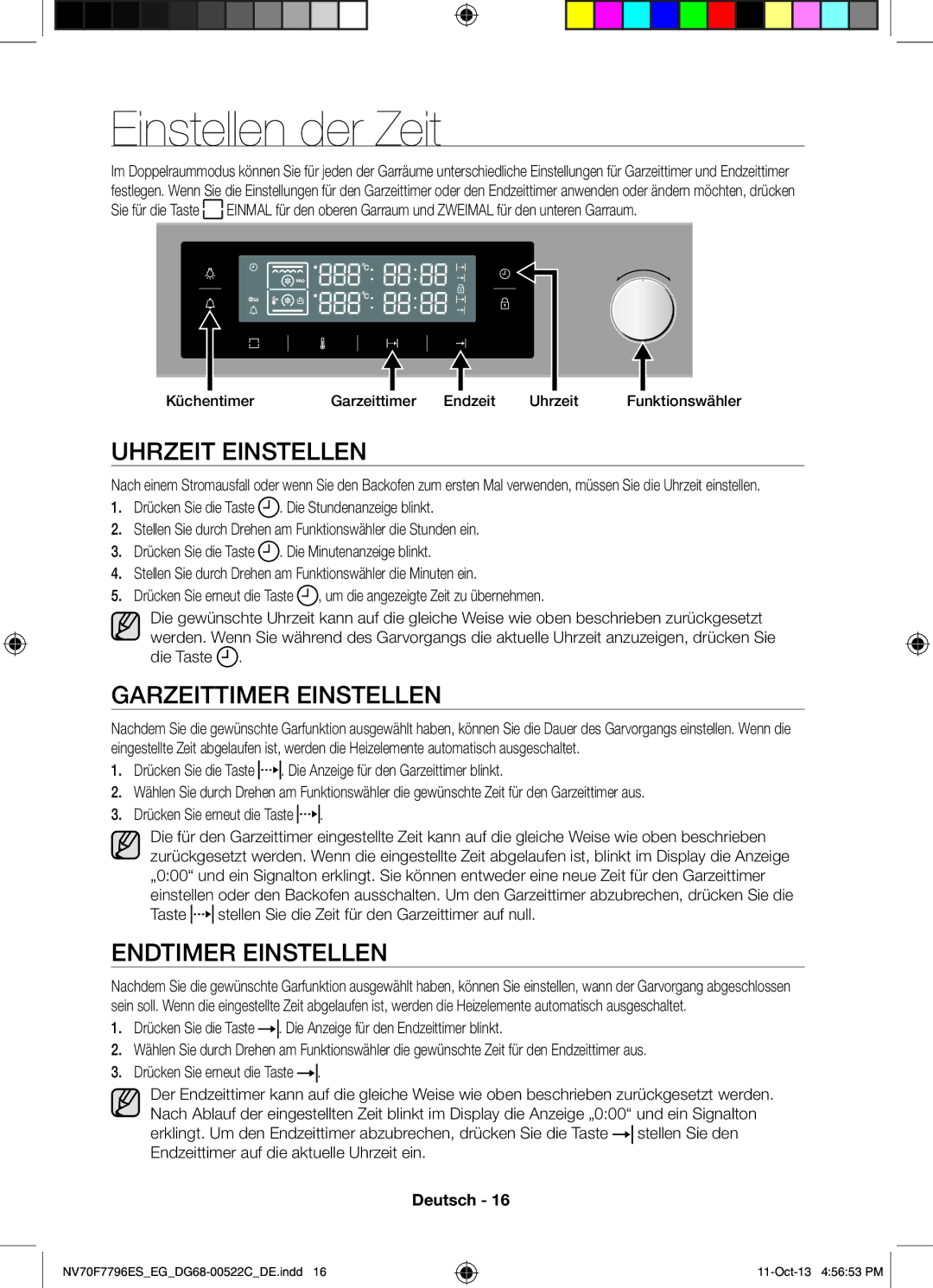 Samsung NV70F7796ES/EG manual Einstellen der Zeit, Uhrzeit Einstellen, Garzeittimer Einstellen, Endtimer Einstellen 