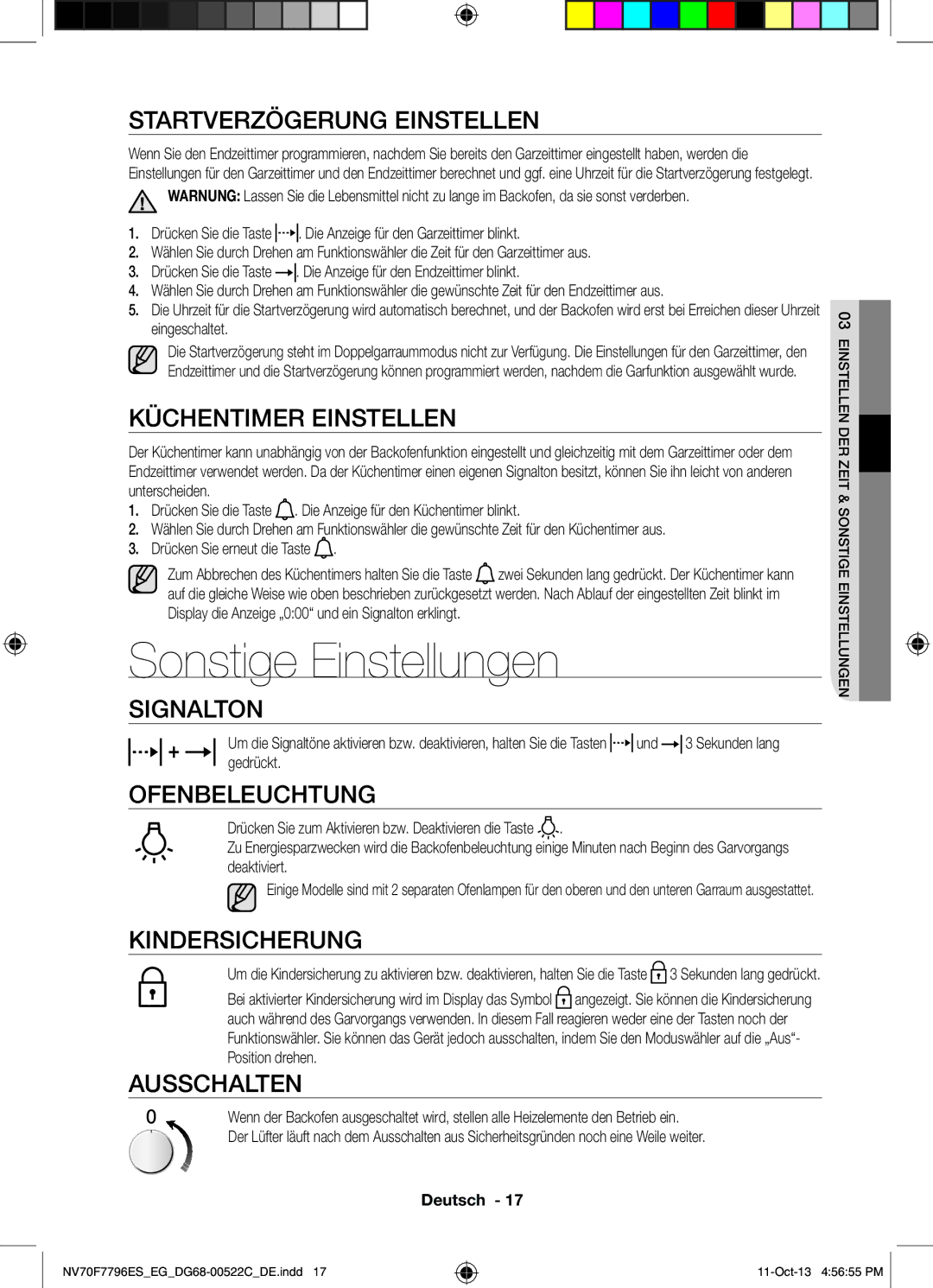 Samsung NV70F7796ES/EG manual Sonstige Einstellungen 