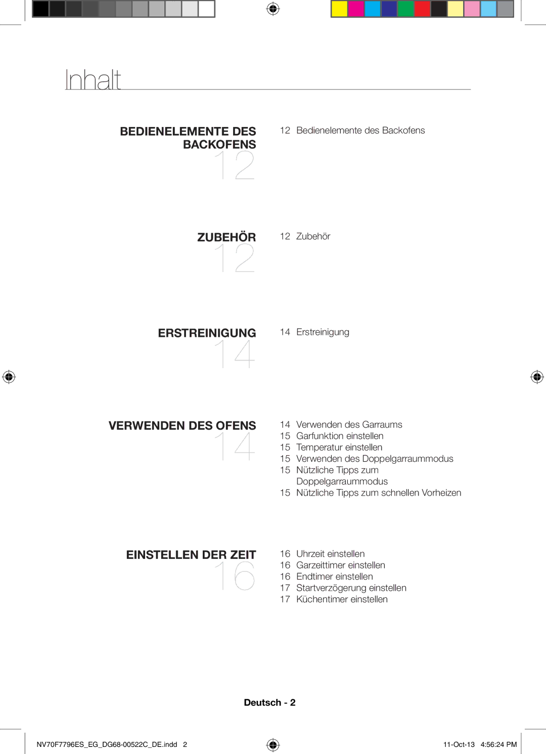 Samsung NV70F7796ES/EG manual Inhalt, Deutsch 