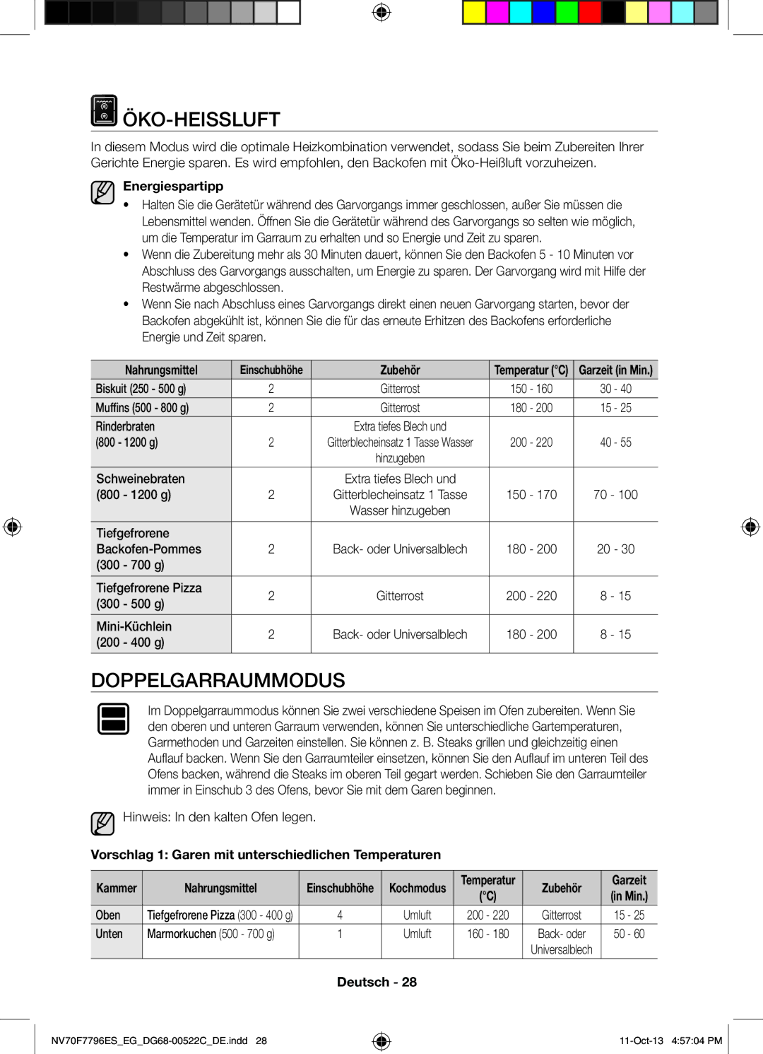 Samsung NV70F7796ES/EG manual Öko-Heissluft, Doppelgarraummodus, Energiespartipp 