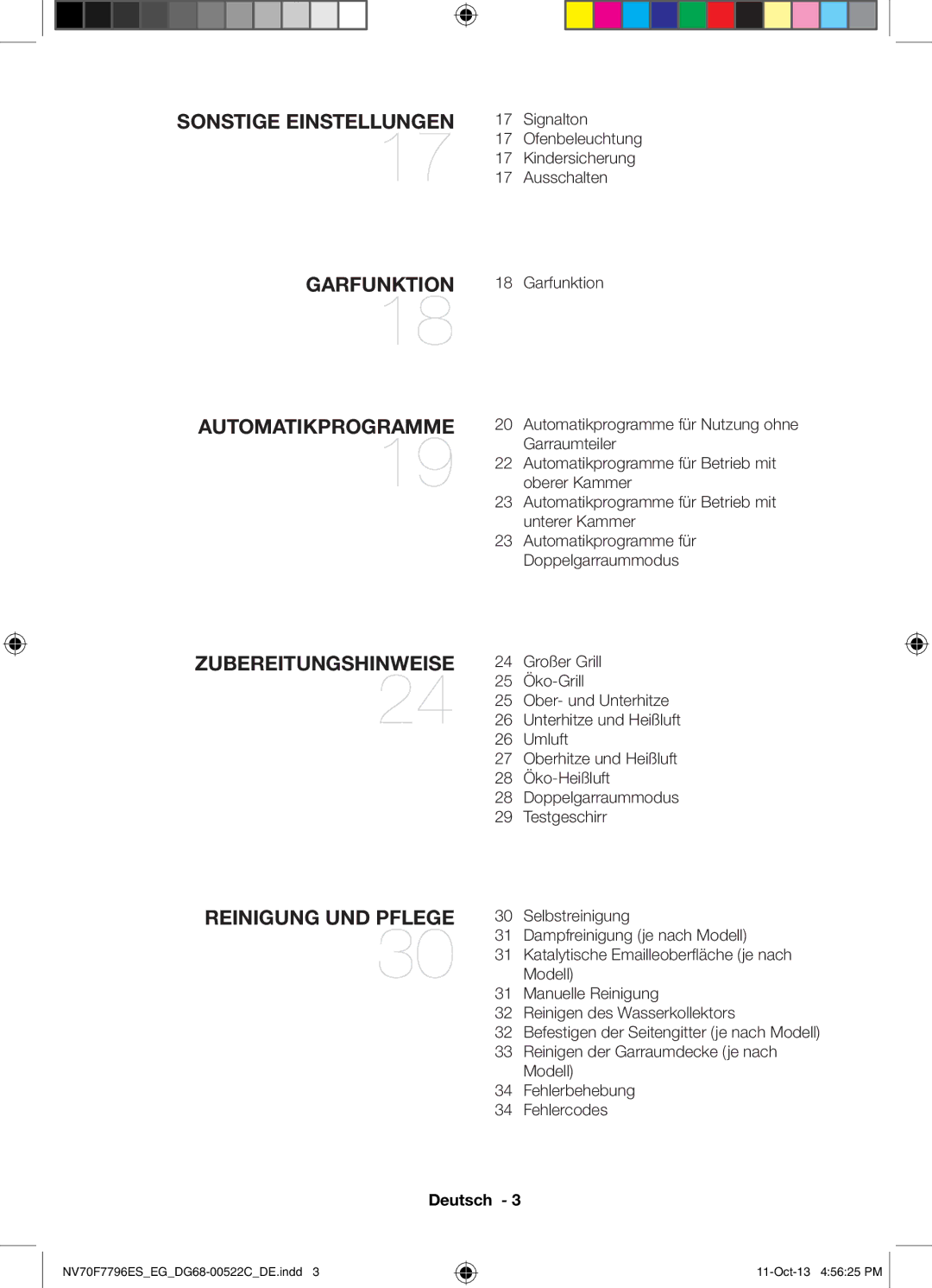 Samsung NV70F7796ES/EG manual Signalton Ofenbeleuchtung, Garfunktion 18 Garfunktion, 1717 