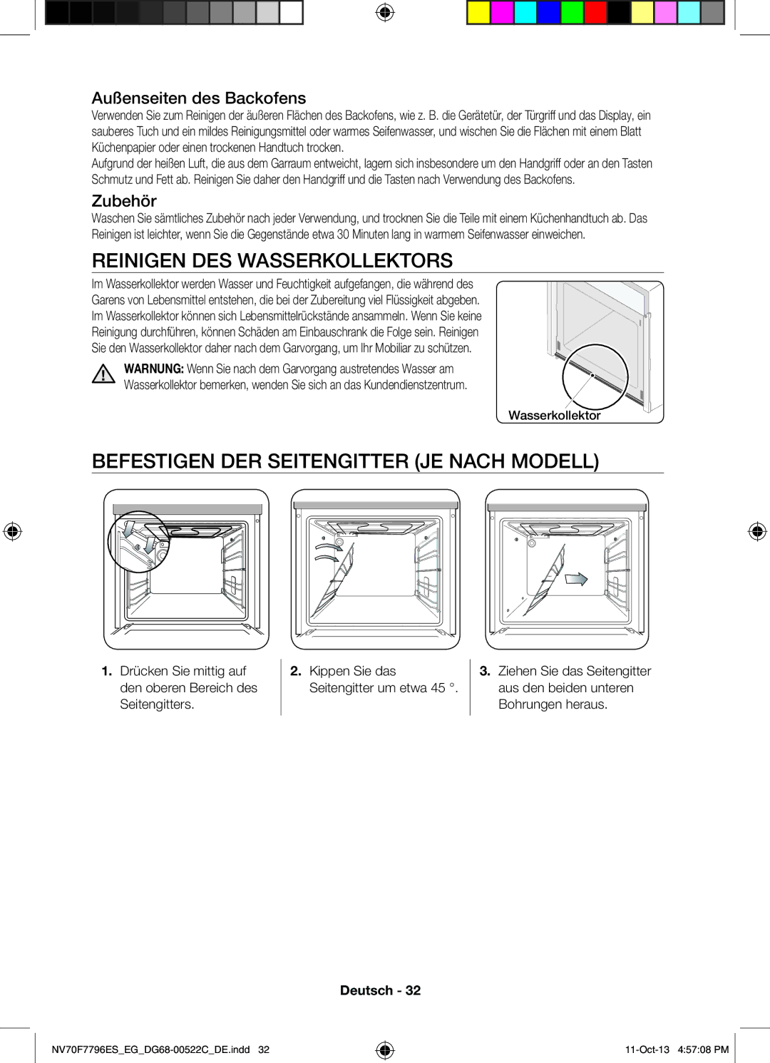 Samsung NV70F7796ES/EG manual Reinigen DES Wasserkollektors, Befestigen DER Seitengitter JE Nach Modell 