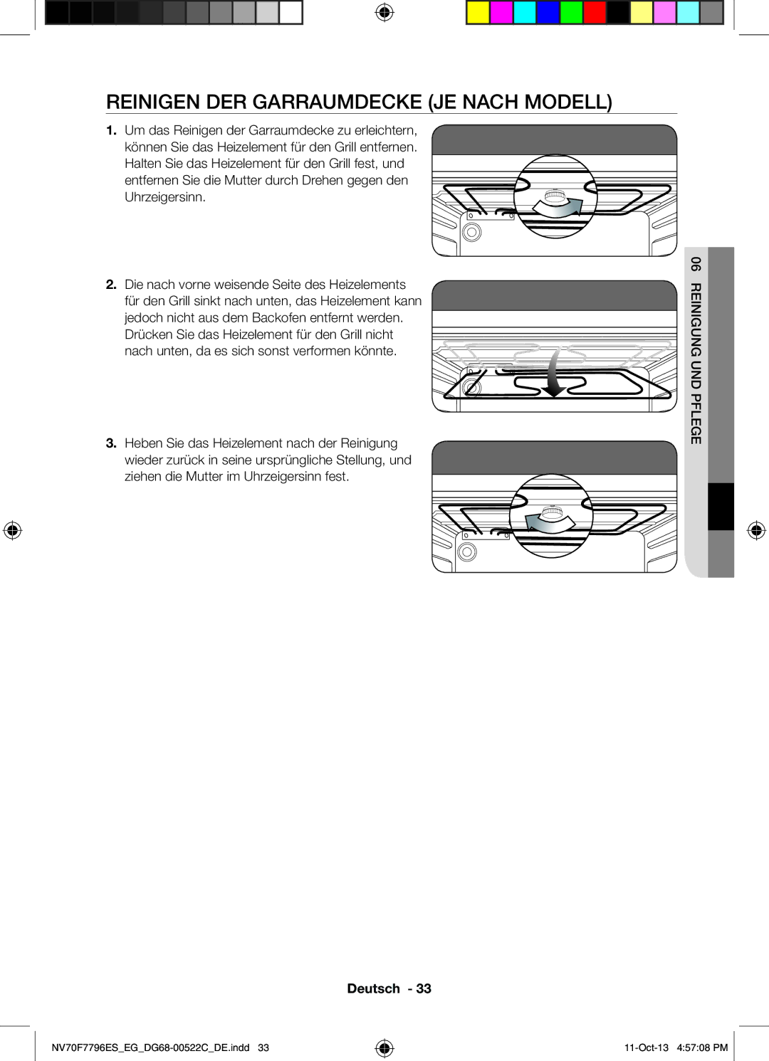 Samsung NV70F7796ES/EG manual Reinigen DER Garraumdecke JE Nach Modell, Uhrzeigersinn 