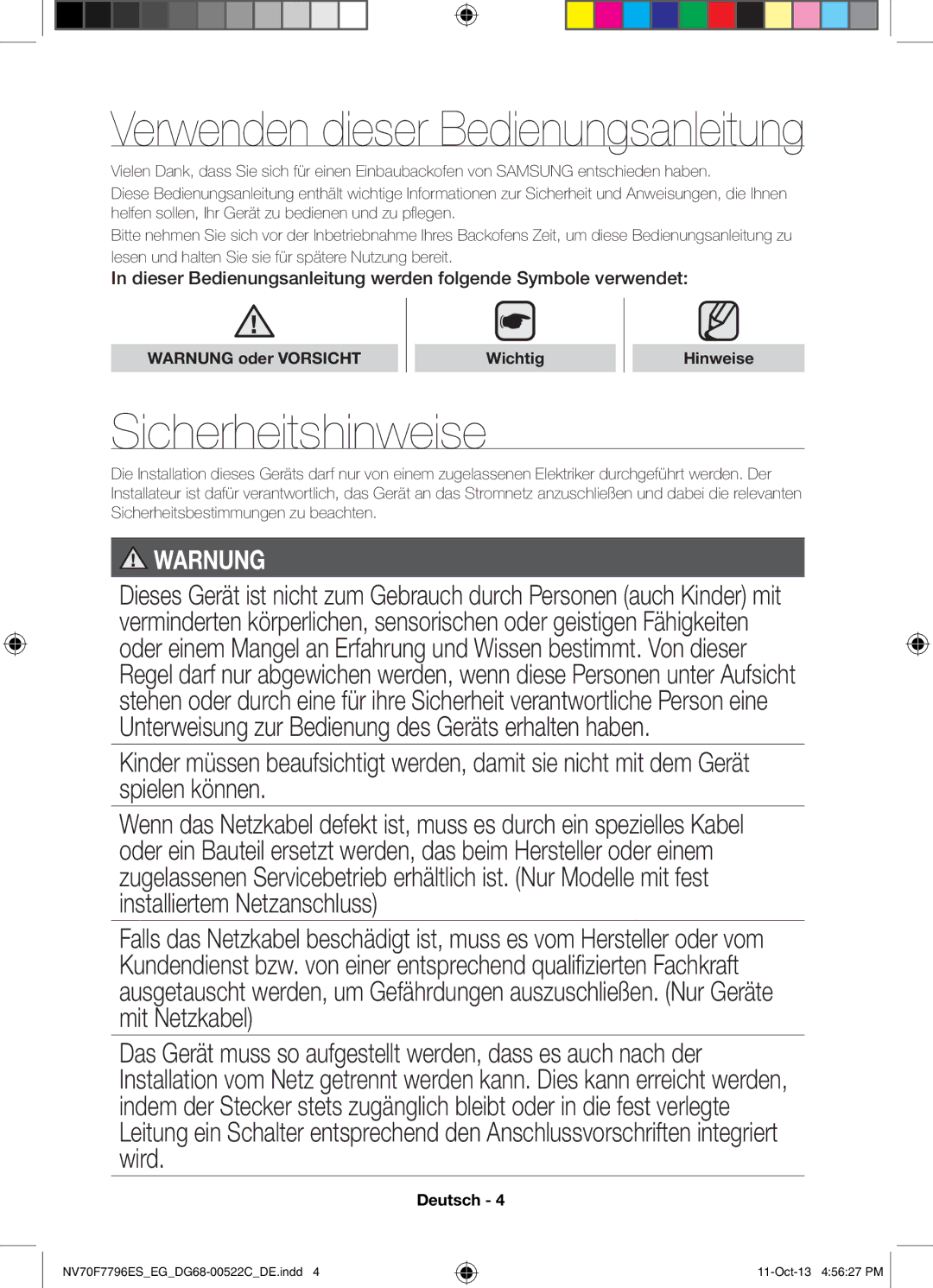 Samsung NV70F7796ES/EG manual Sicherheitshinweise, Warnung oder Vorsicht Wichtig Hinweise 