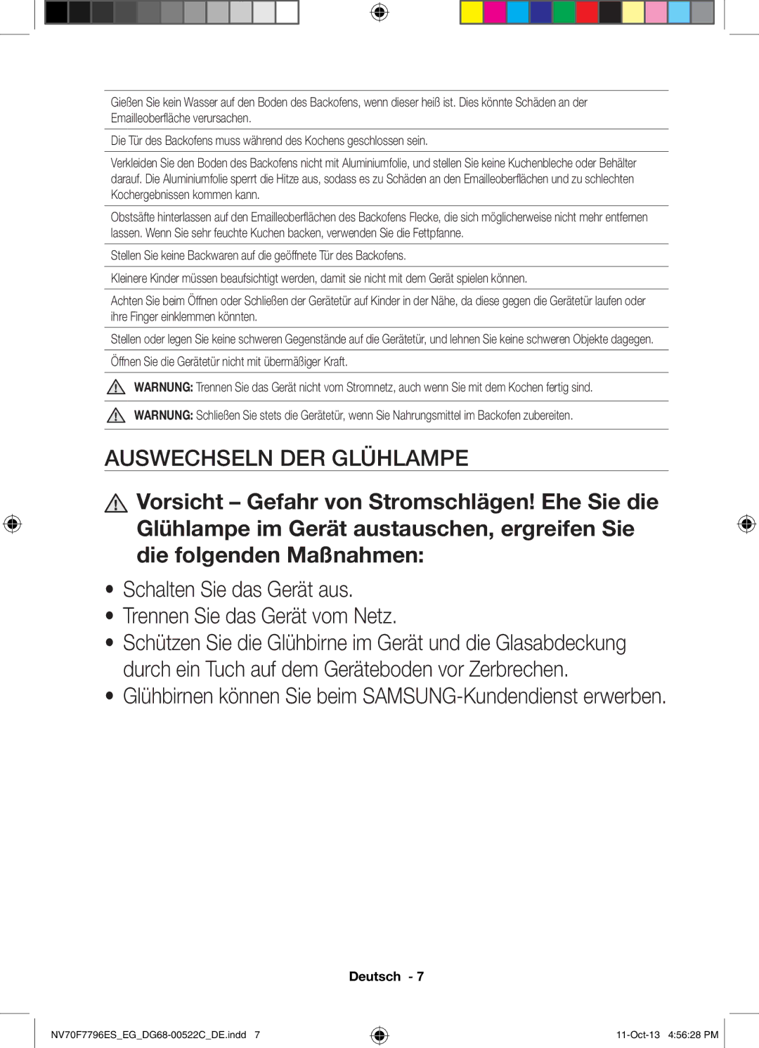 Samsung NV70F7796ES/EG manual Auswechseln DER Glühlampe 