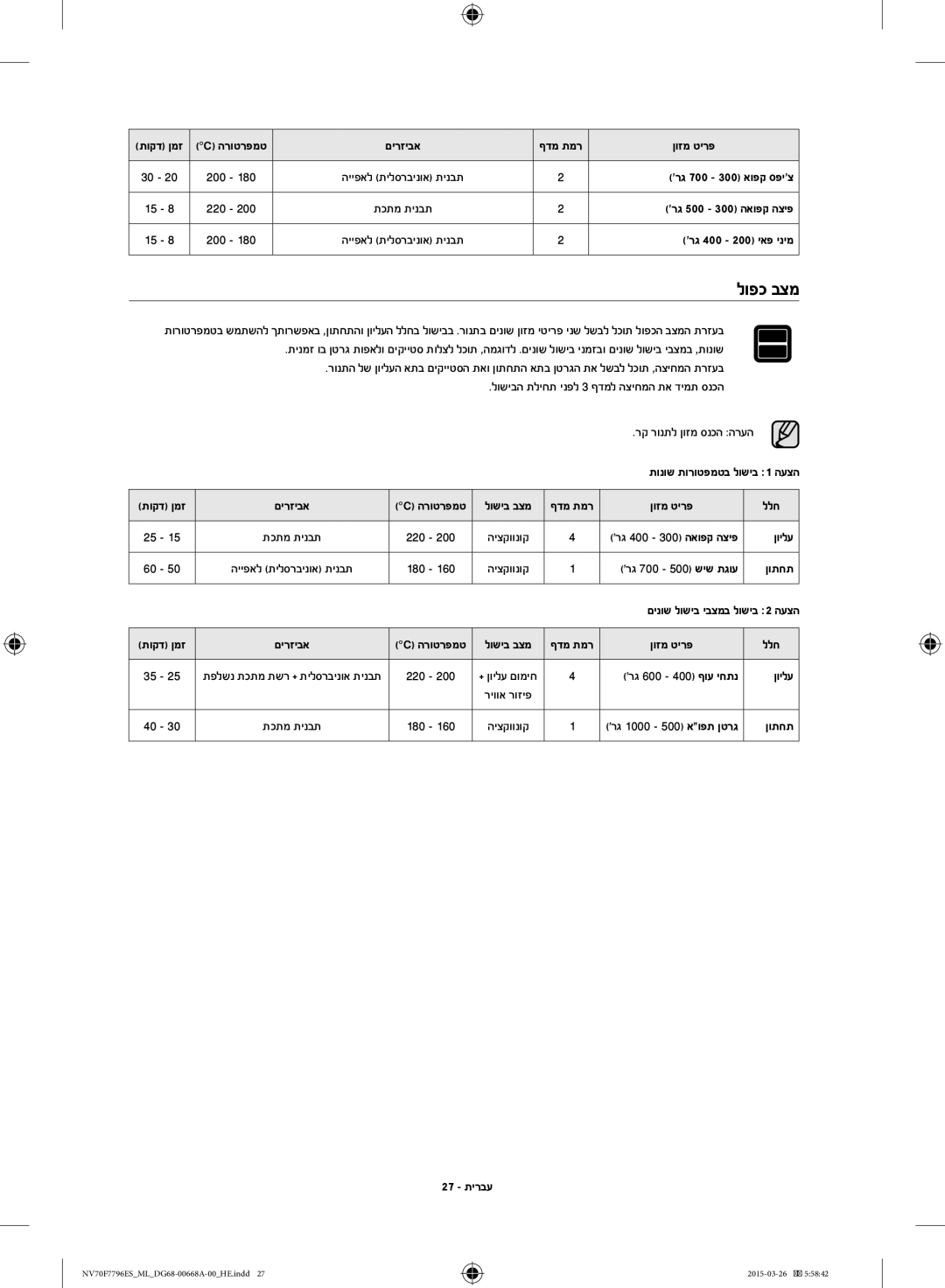 Samsung NV70F7796ES/ML manual לופכ בצמ, רג 500 300 האופק הציפ, רג 400 200 יאפ ינימ, תונוש תורוטפמטב לושיב 1 העצה, 27 תירבע 