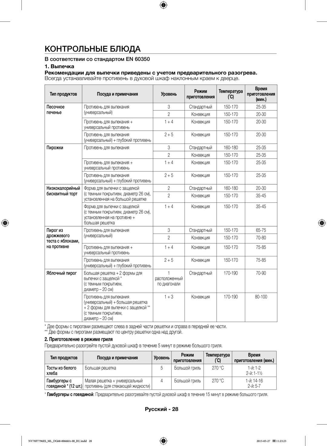 Samsung NV70F7796ES/ML manual Контрольные Блюда, Соответствии со стандартом EN, Выпечка, Приготовление в режиме гриля 