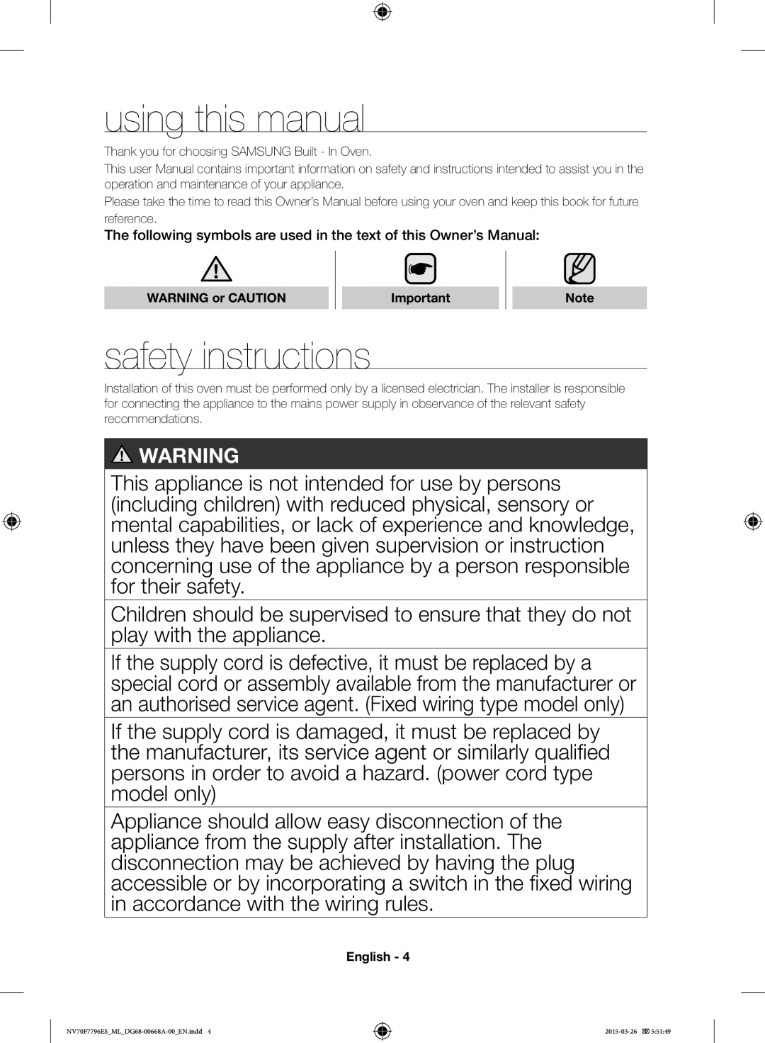 Samsung NV70F7796ES/ML Using this manual, Safety instructions, Thank you for choosing Samsung Built In Oven 