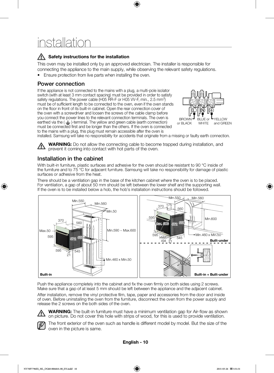 Samsung NV70F7796ES/ML manual Installation, Safety instructions for the installation, Earthed via 