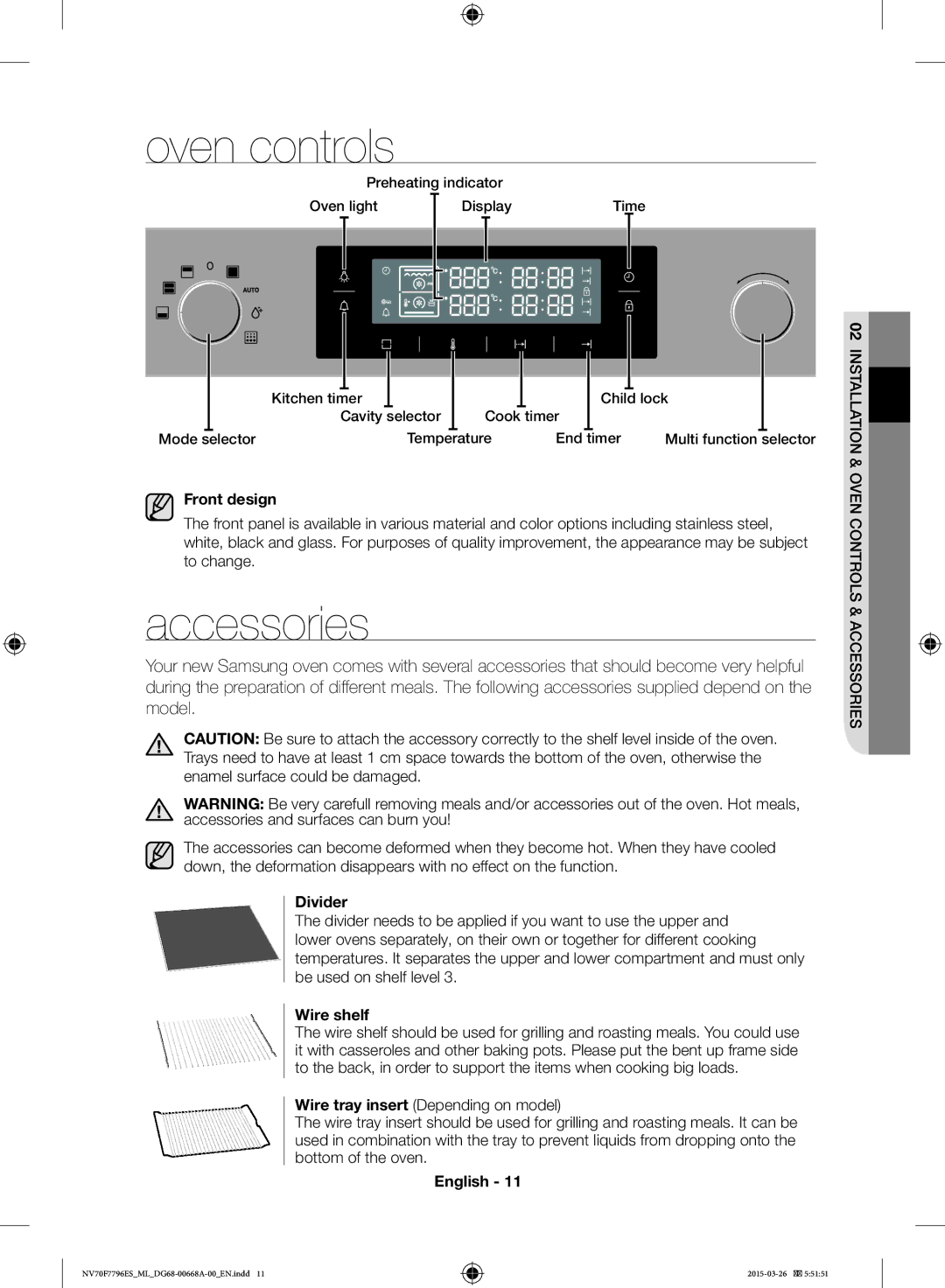 Samsung NV70F7796ES/ML manual Oven controls, Accessories, Front design, Divider, Wire shelf 