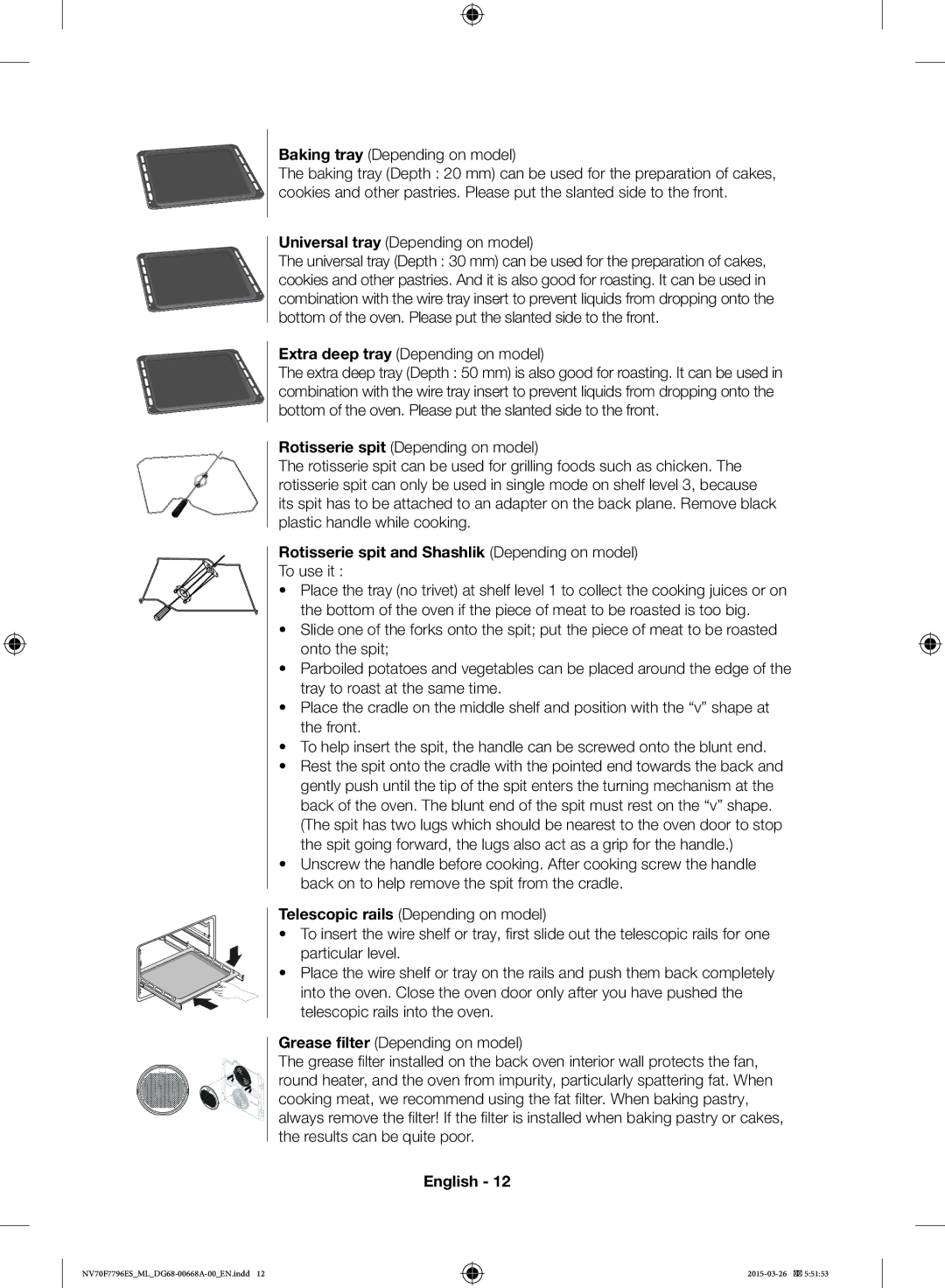 Samsung NV70F7796ES/ML manual Baking tray Depending on model, Universal tray Depending on model 