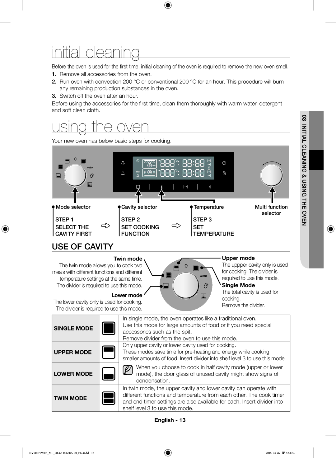 Samsung NV70F7796ES/ML manual Initial cleaning, Using the oven, USE of Cavity, Upper mode, Single Mode 