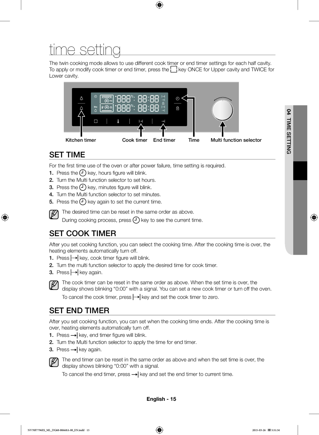 Samsung NV70F7796ES/ML Time setting, SET Time, SET Cook Timer, SET END Timer, Kitchen timer Cook timer End timer Time 