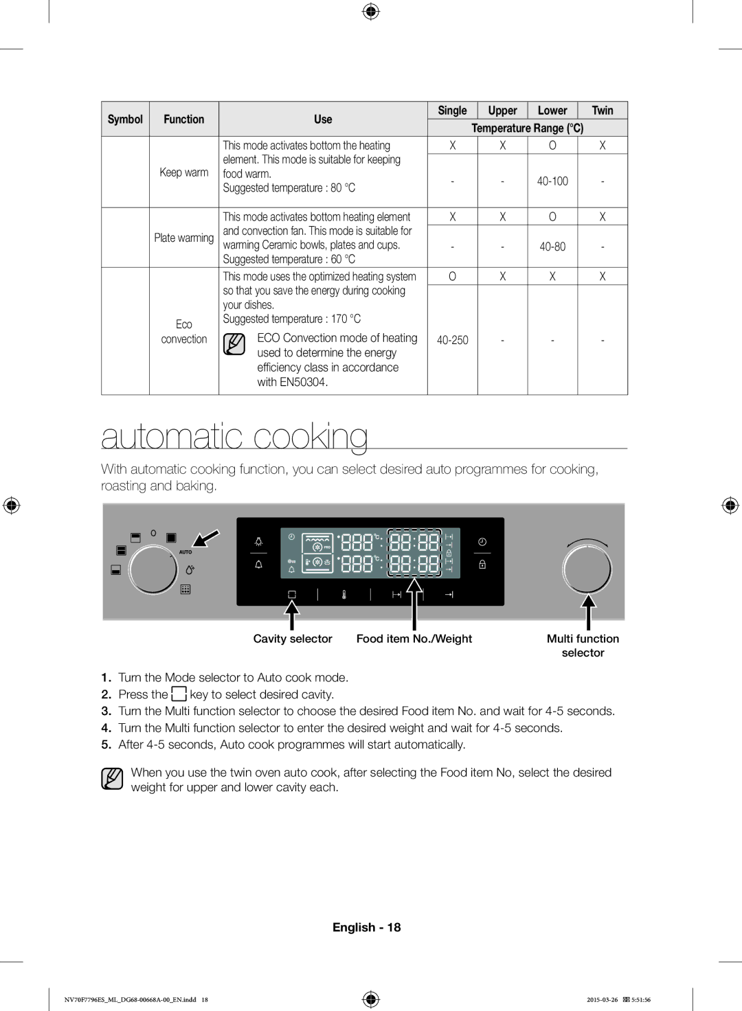 Samsung NV70F7796ES/ML manual Automatic cooking 