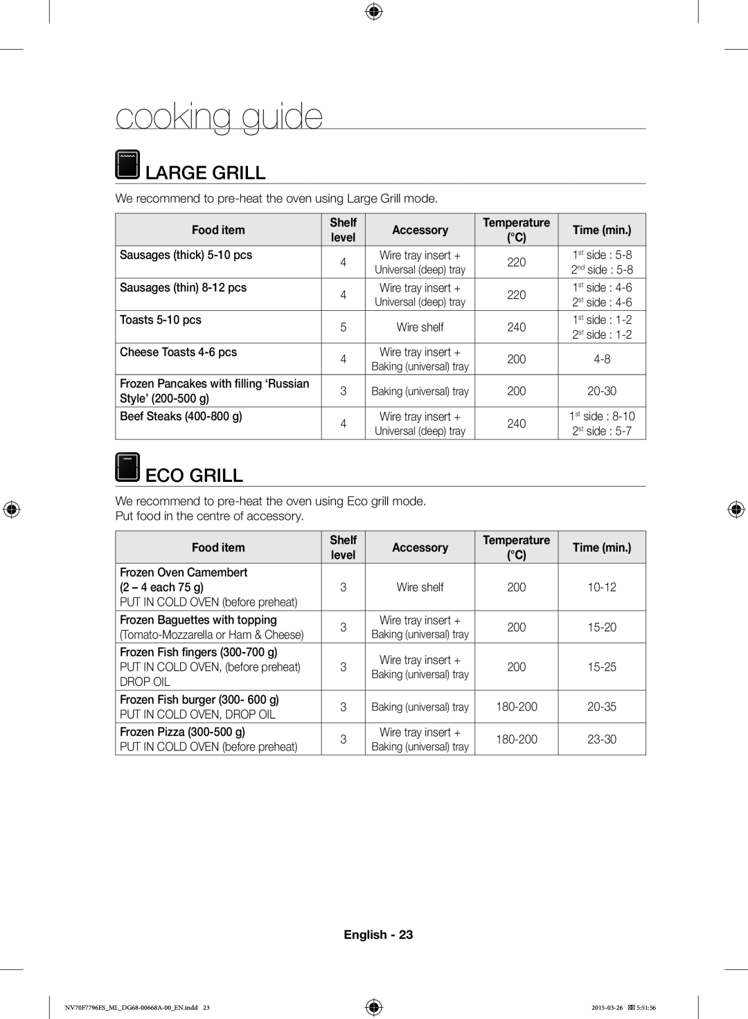 Samsung NV70F7796ES/ML manual Cooking guide, Large Grill, ECO Grill, Food item Shelf Accessory, Time min 