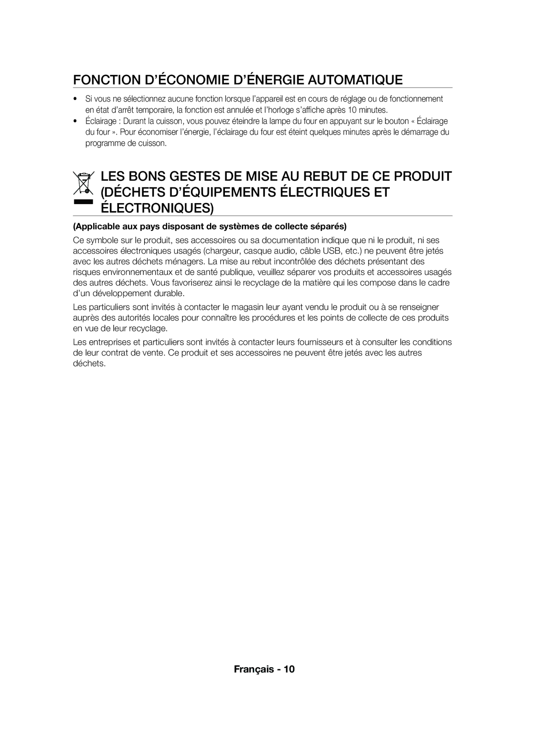 Samsung NV70F7796MS/EF, NV70F7766LS/EF manual Fonction D’ÉCONOMIE D’ÉNERGIE Automatique 