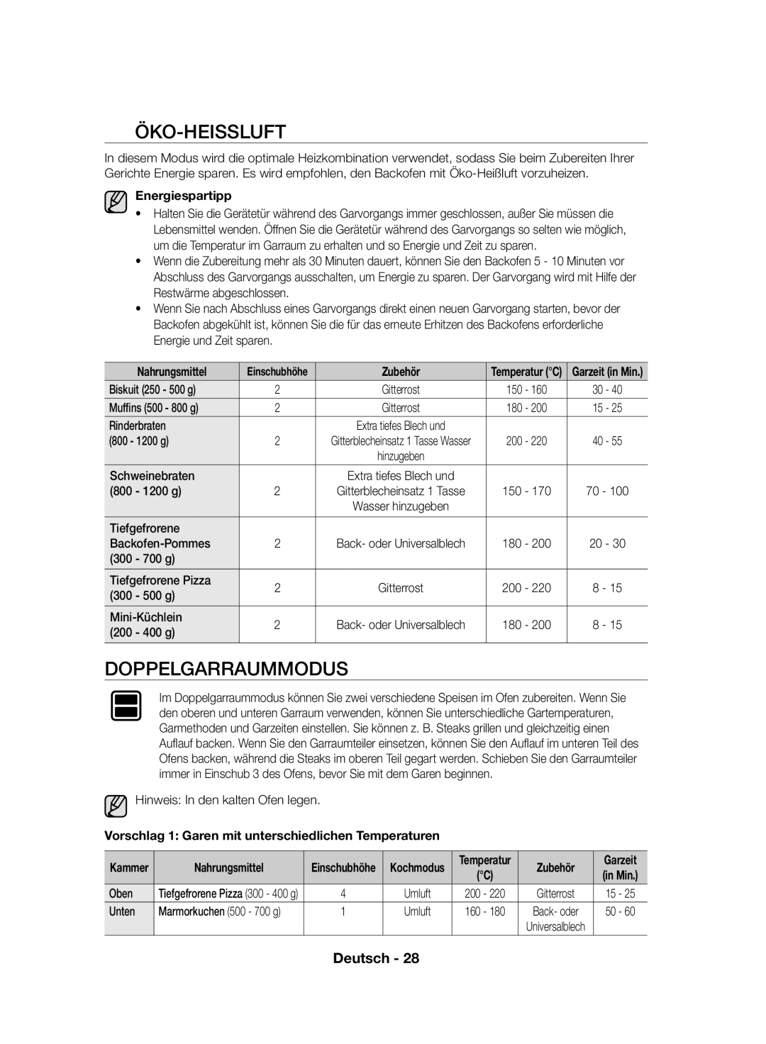 Samsung NV70F7796MS/EF, NV70F7766LS/EF manual Öko-Heissluft, Doppelgarraummodus, Energiespartipp 